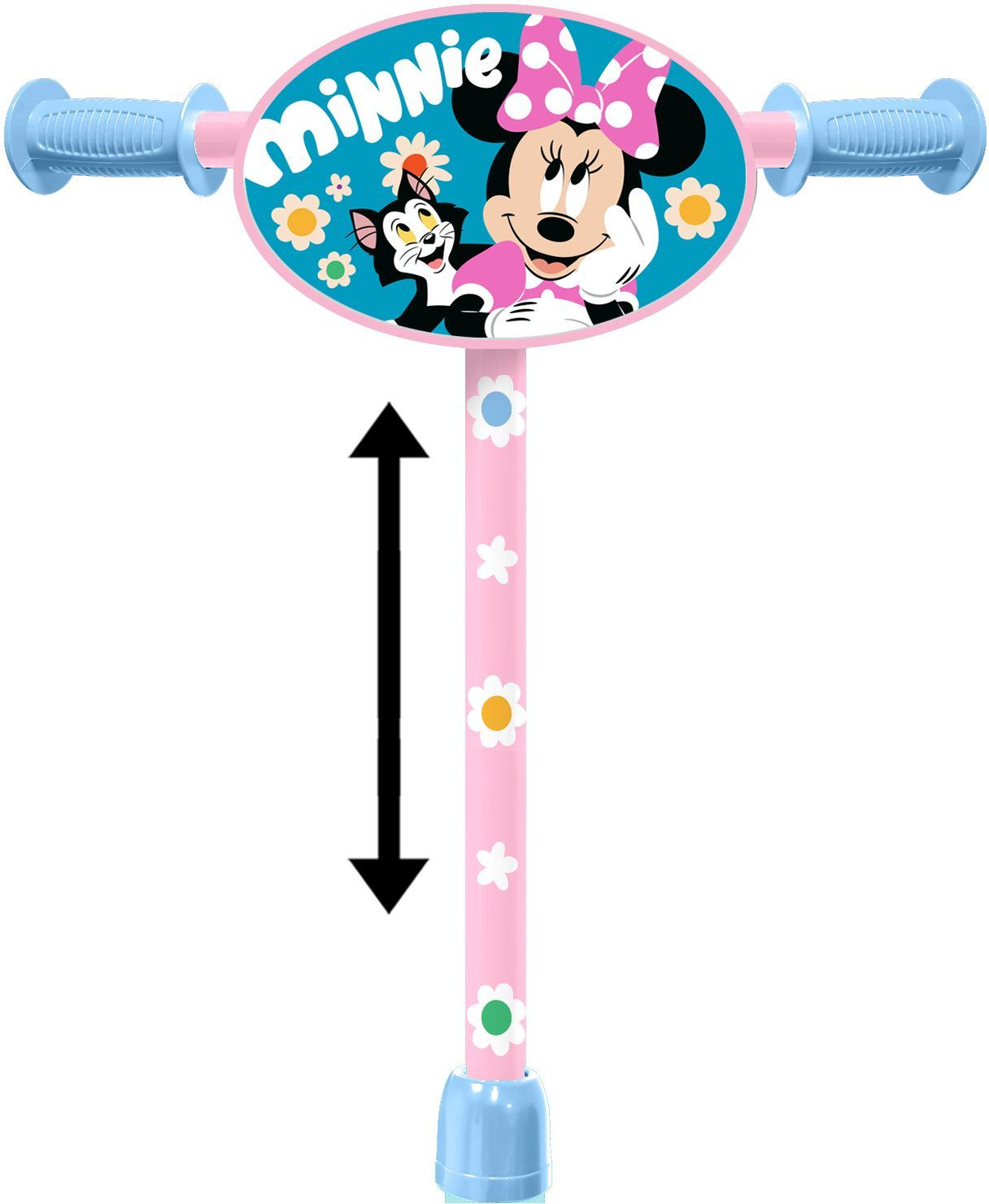 Ein rosafarbenes Lenkrad mit Minnie Maus und Figaro, dekoriert mit Blumen.