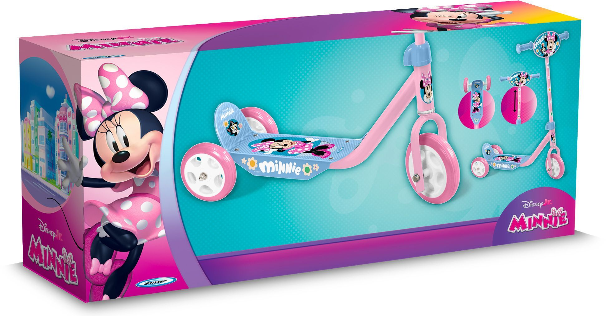 Ein rosa Dreirad-Scooter mit Minnie Maus Thema, mit Bildern von Minnie.