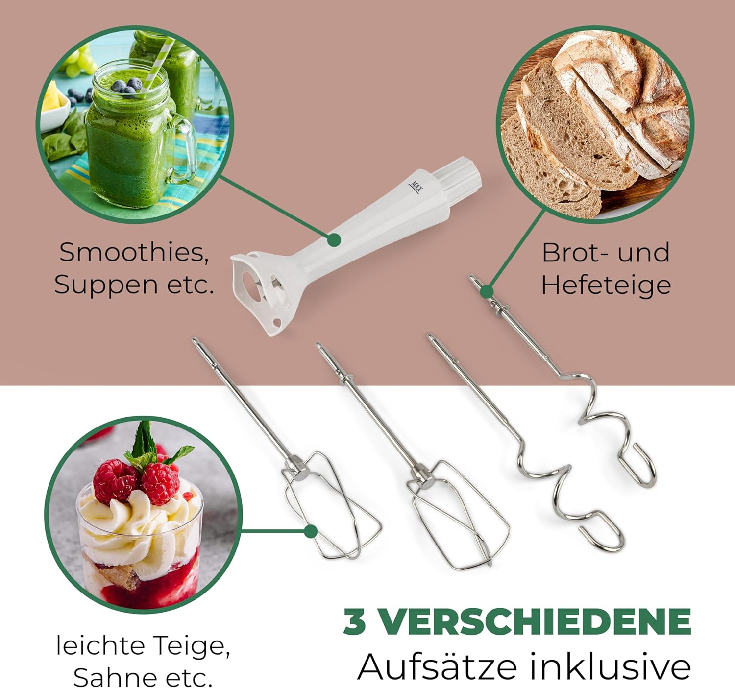 Handmixer-Aufsätze für Smoothies, Brot und Teig. Inklusive 3 Aufsätzen.