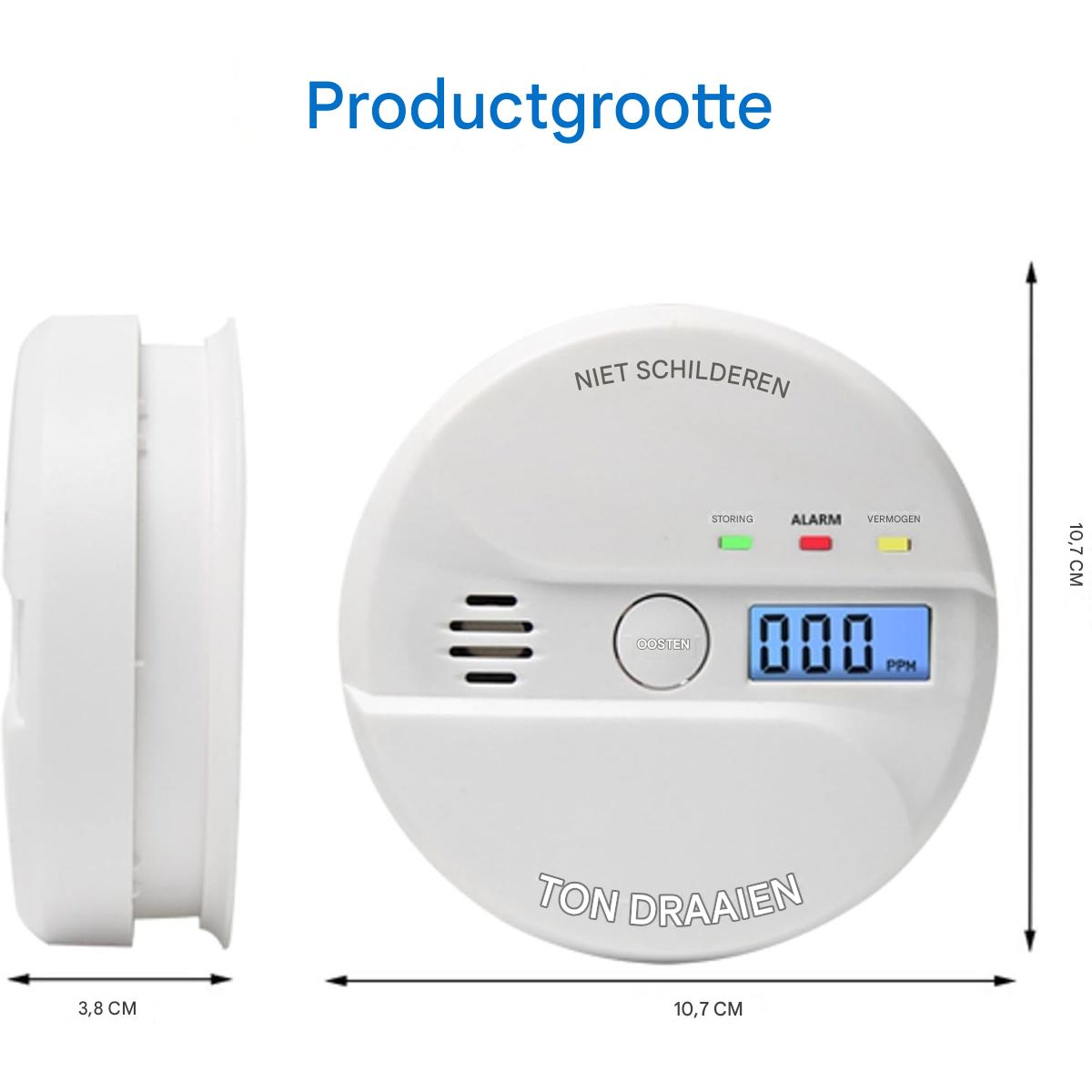 Ein weißer Rauchmelder mit digitalen Anzeigen und Maßen 3,8 und 10,7 cm.