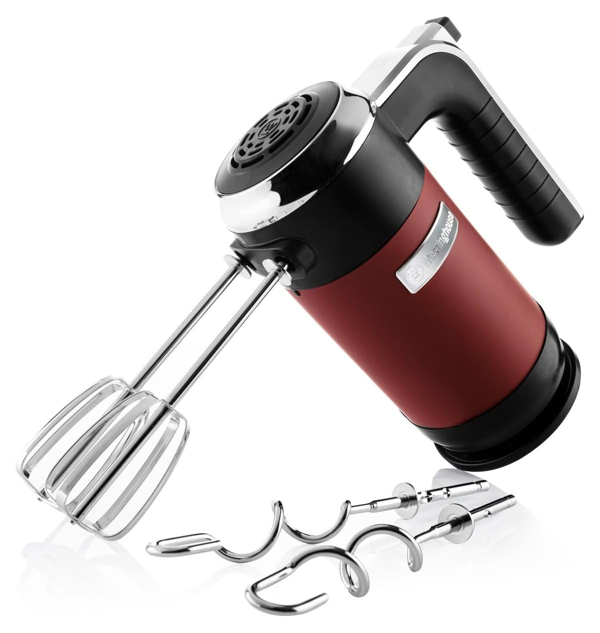 Ein roter Handmixer mit schwarzem Griff und silbernen Rührbesen.