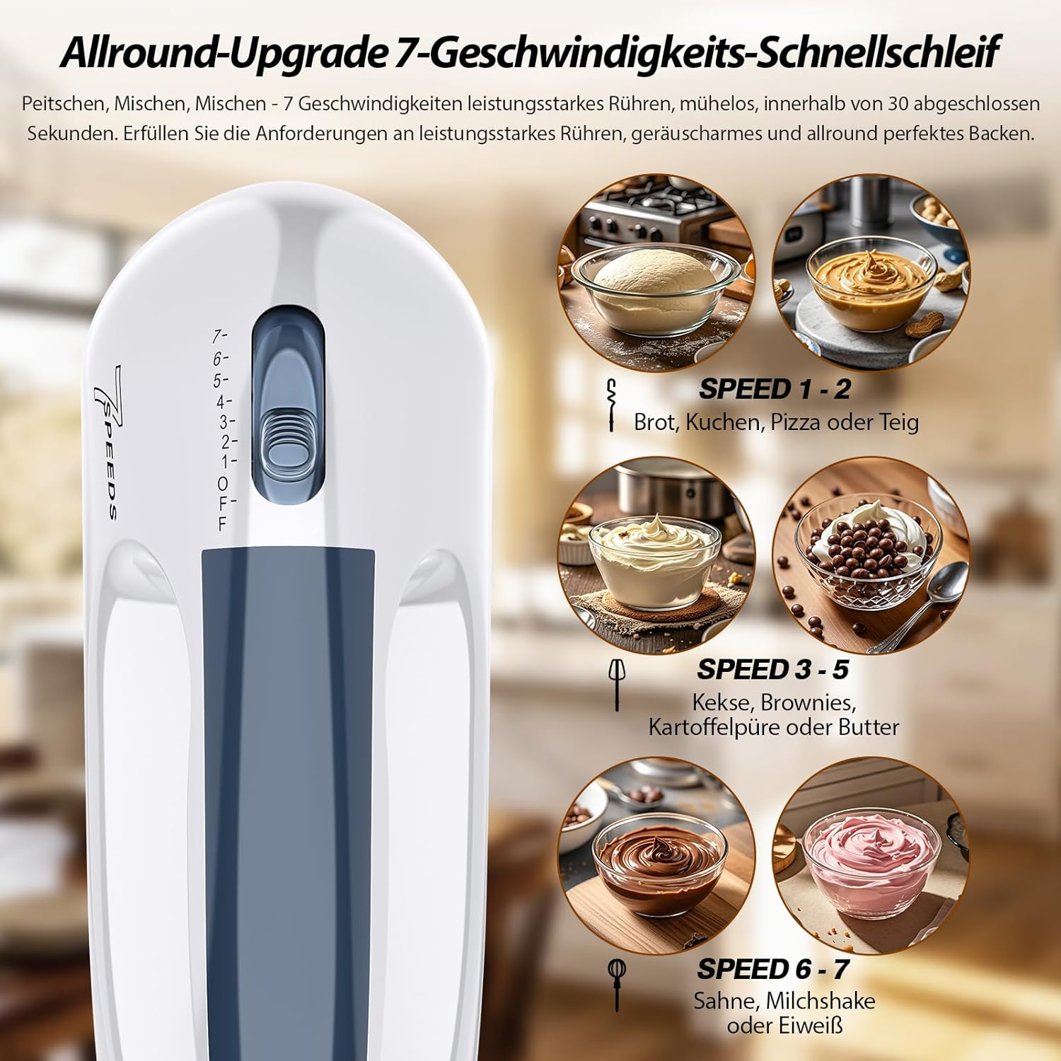 Ein Handmixer mit Geschwindigkeitsregler und Bildern von Teig, Nussbutter, Sahne und Schokocreme.