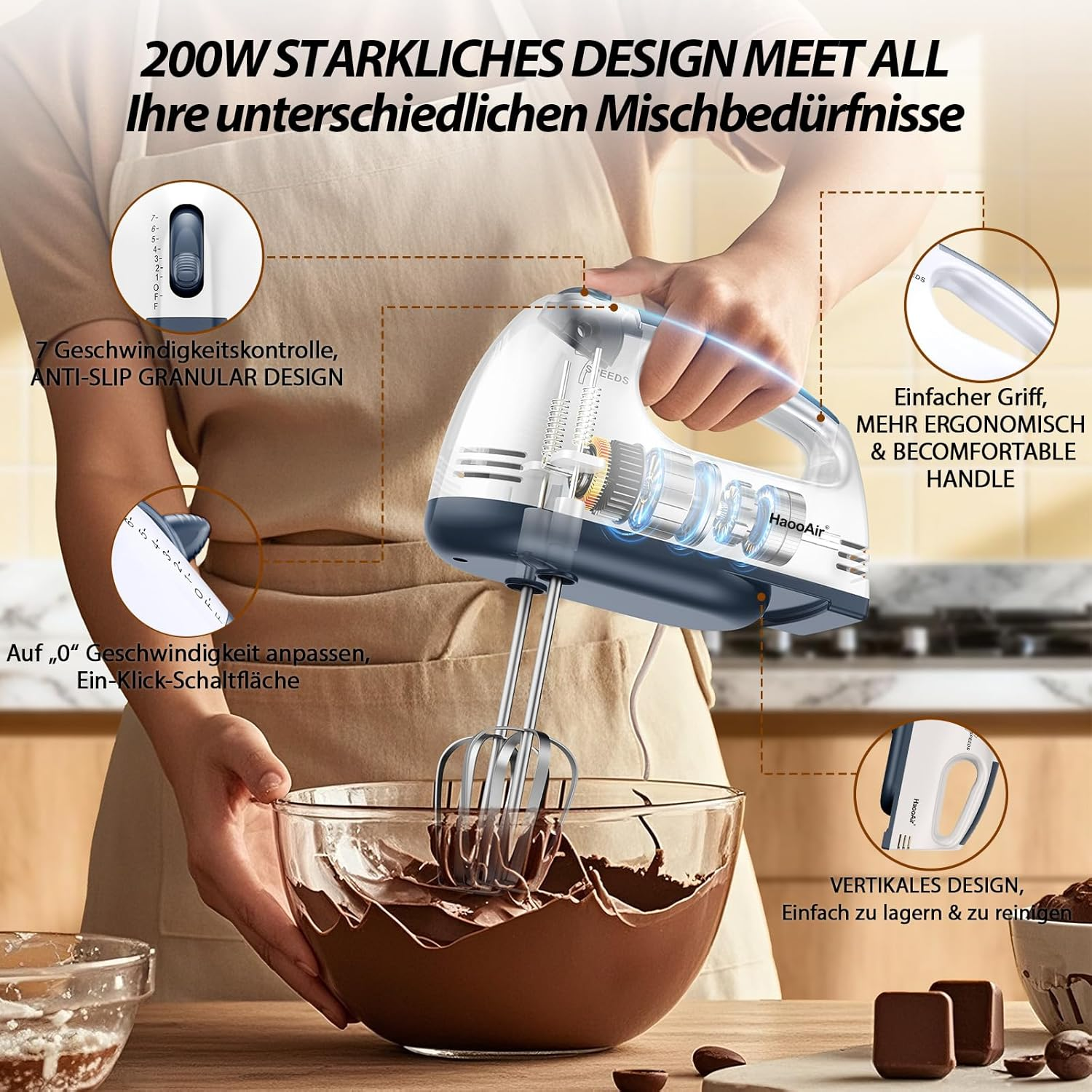 Ein Handmixer mit 200W Leistung mixt Schokolade in einer Glasschüssel. Merkmale hervorgehoben.
