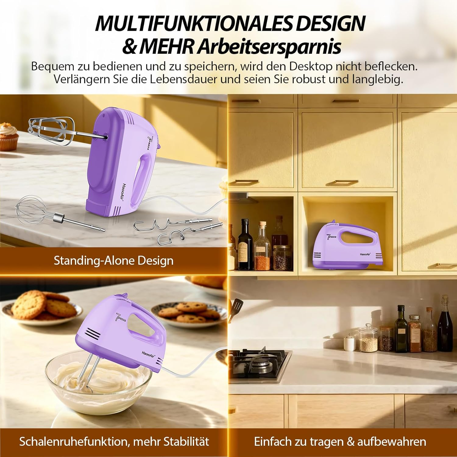 Lila Handmixer mit Zubehör auf Arbeitsplatte, in Schrank und beim Mixen.