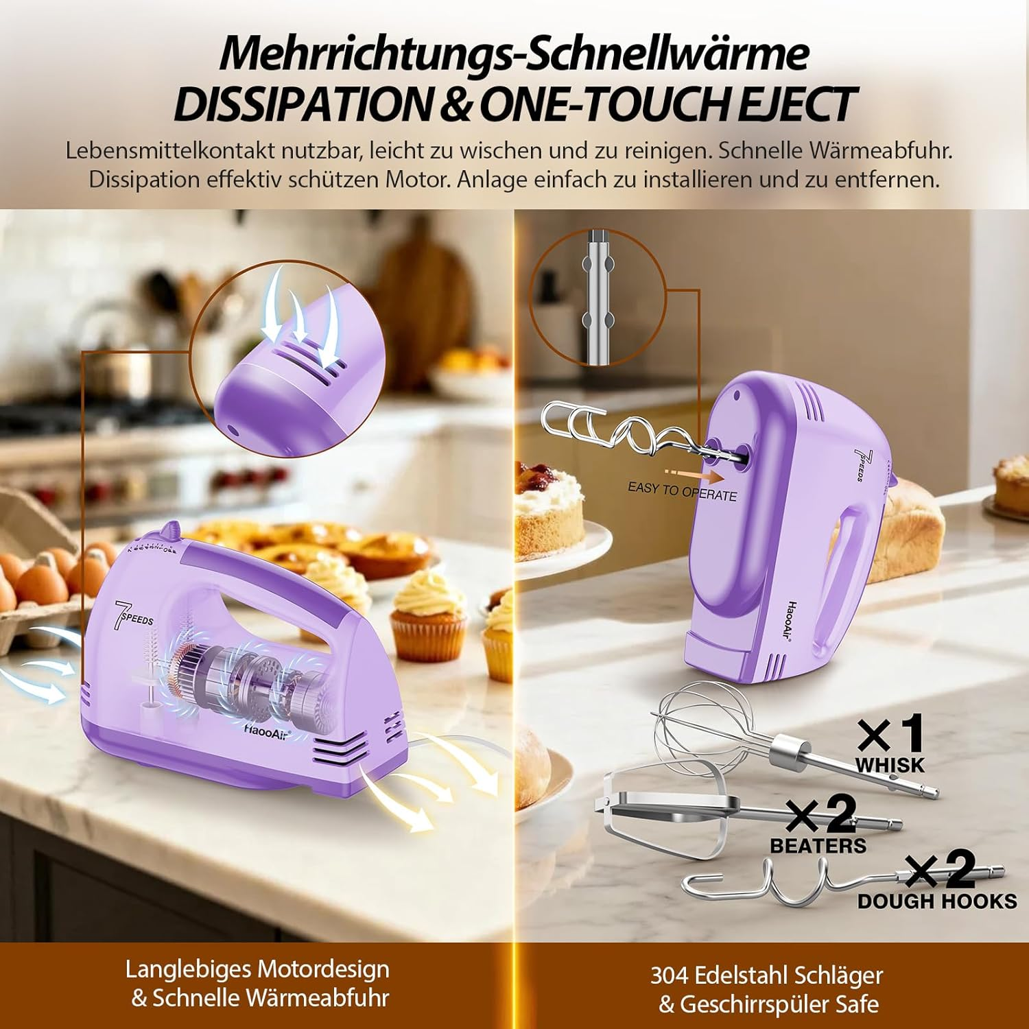 Lila Handmixer mit Zubehör und Backwaren. Zeigt Motor und Kühlung.