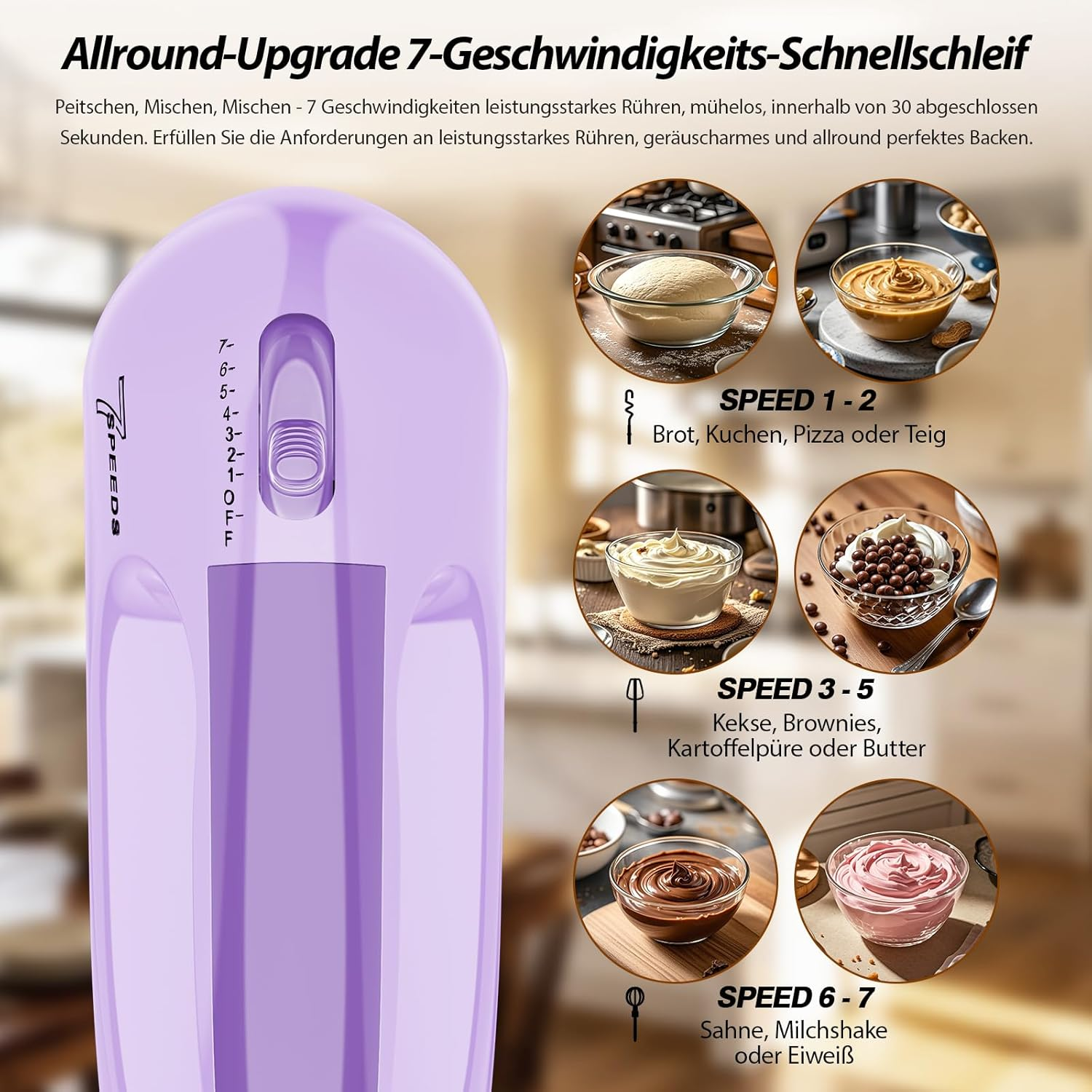 Lila Handmixer mit Geschwindigkeitsregler und Bildern von Teig, Nussbutter, Sahne und Schokolade.