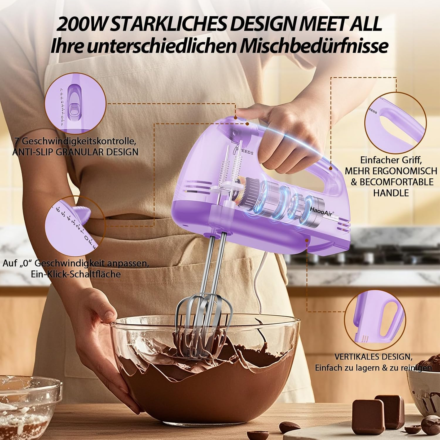 Lila Handmixer mixt Schokolade. Merkmale: 7 Geschwindigkeiten, Griffdesign.