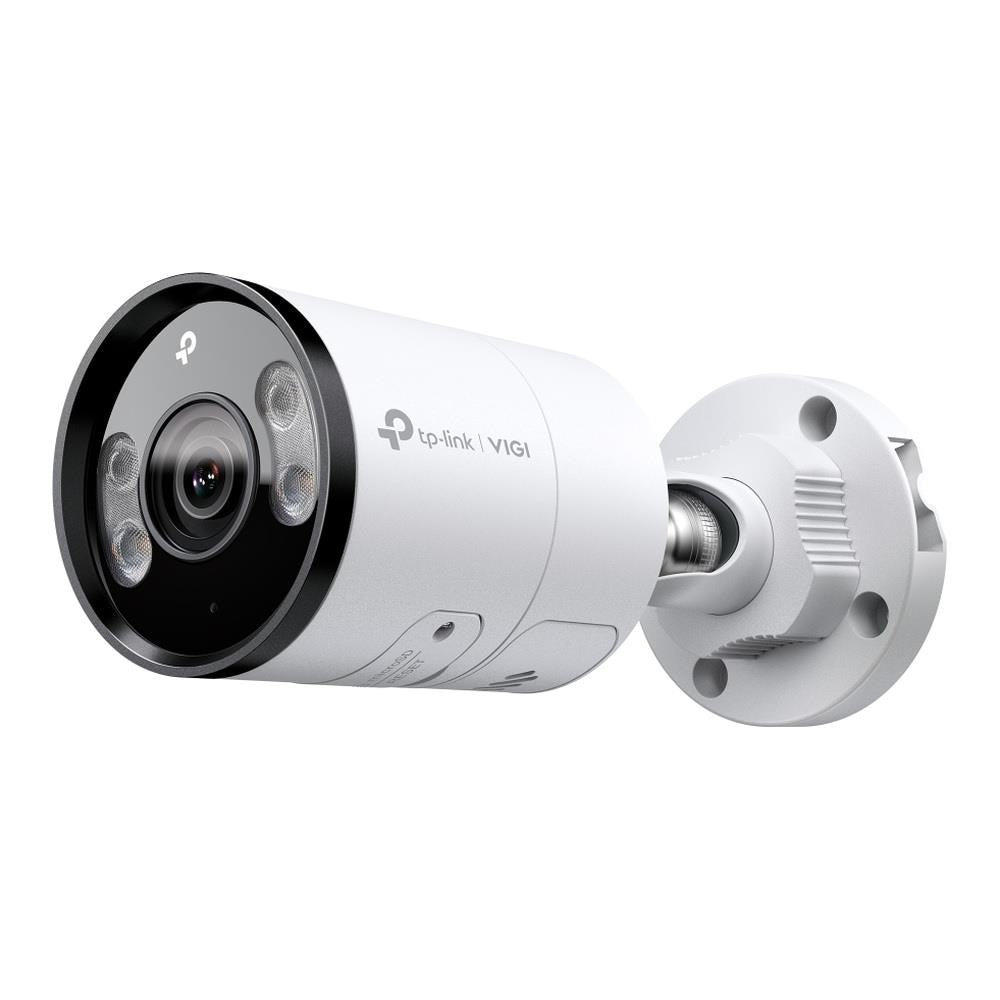 Een witte TP-Link VIGI beveiligingscamera met zwarte lens en IR-LEDs.