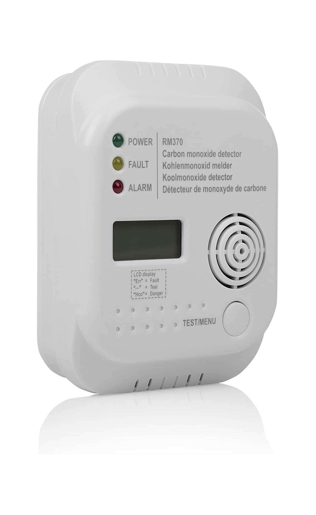 Ein weißer Kohlenmonoxidmelder mit LCD-Display, LEDs und Tasten.