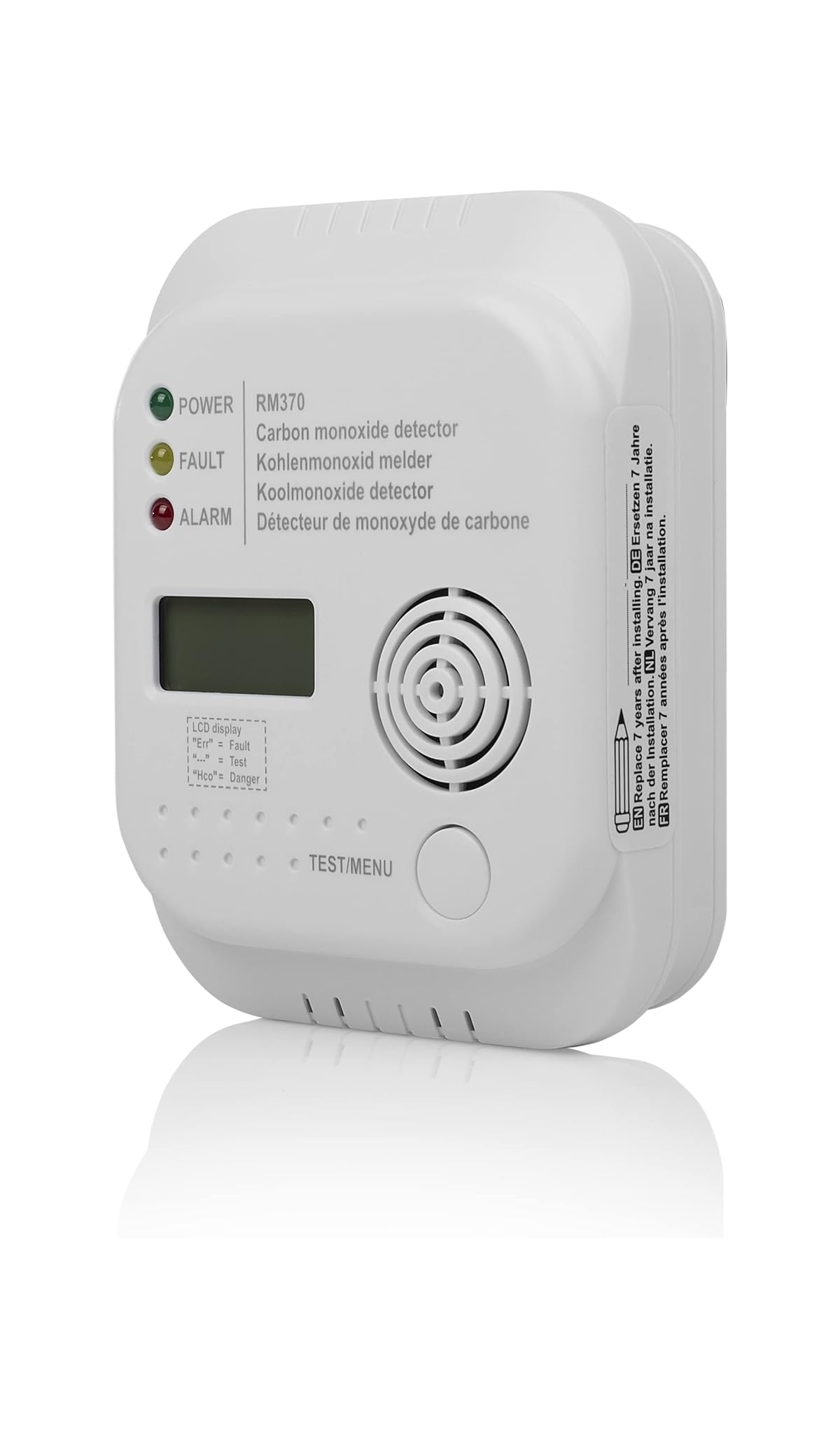 Weißer Kohlenmonoxidmelder mit LCD, LEDs und Testknopf.