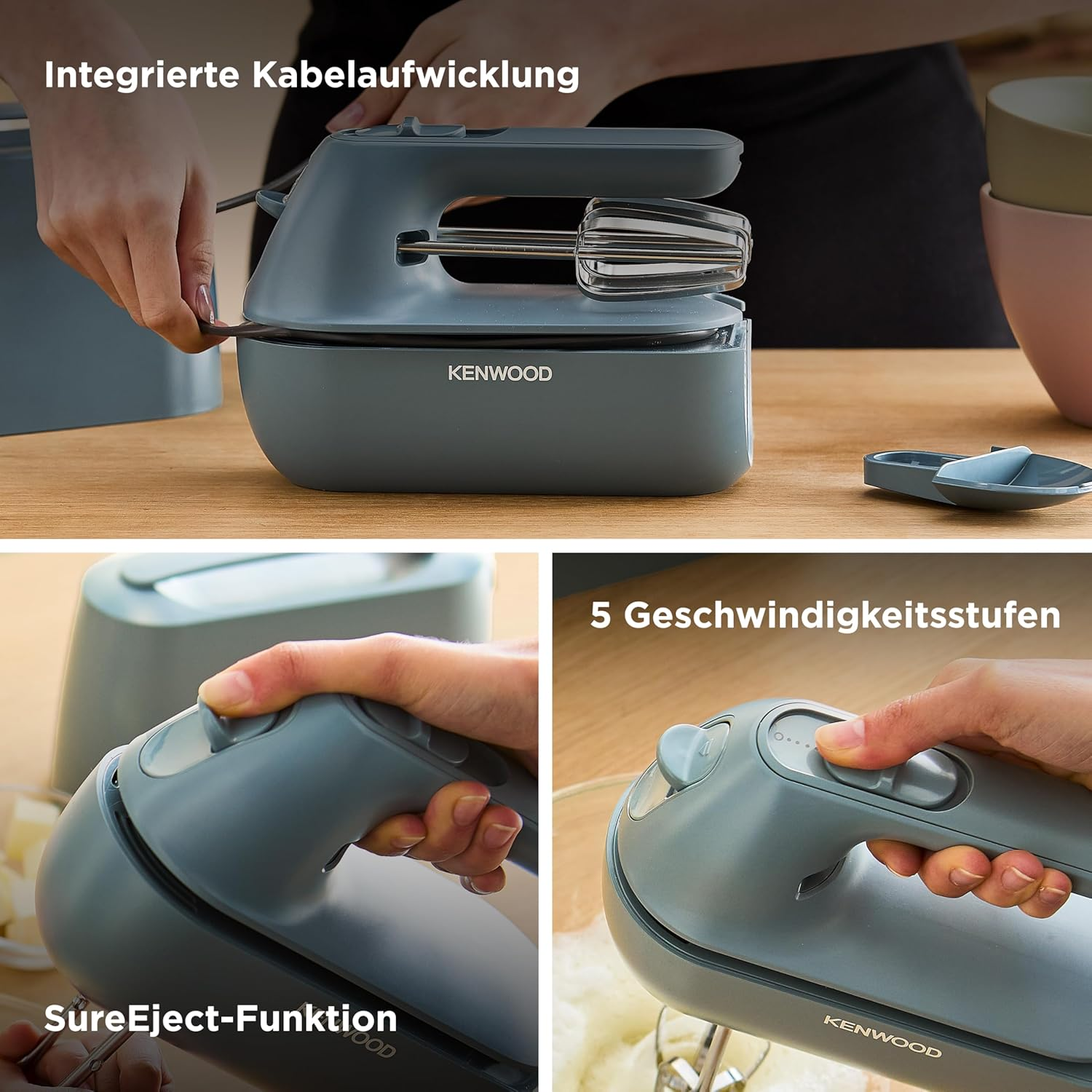 Grauer Kenwood Handmixer mit integrierter Kabelaufwicklung und 5 Geschwindigkeitsstufen.