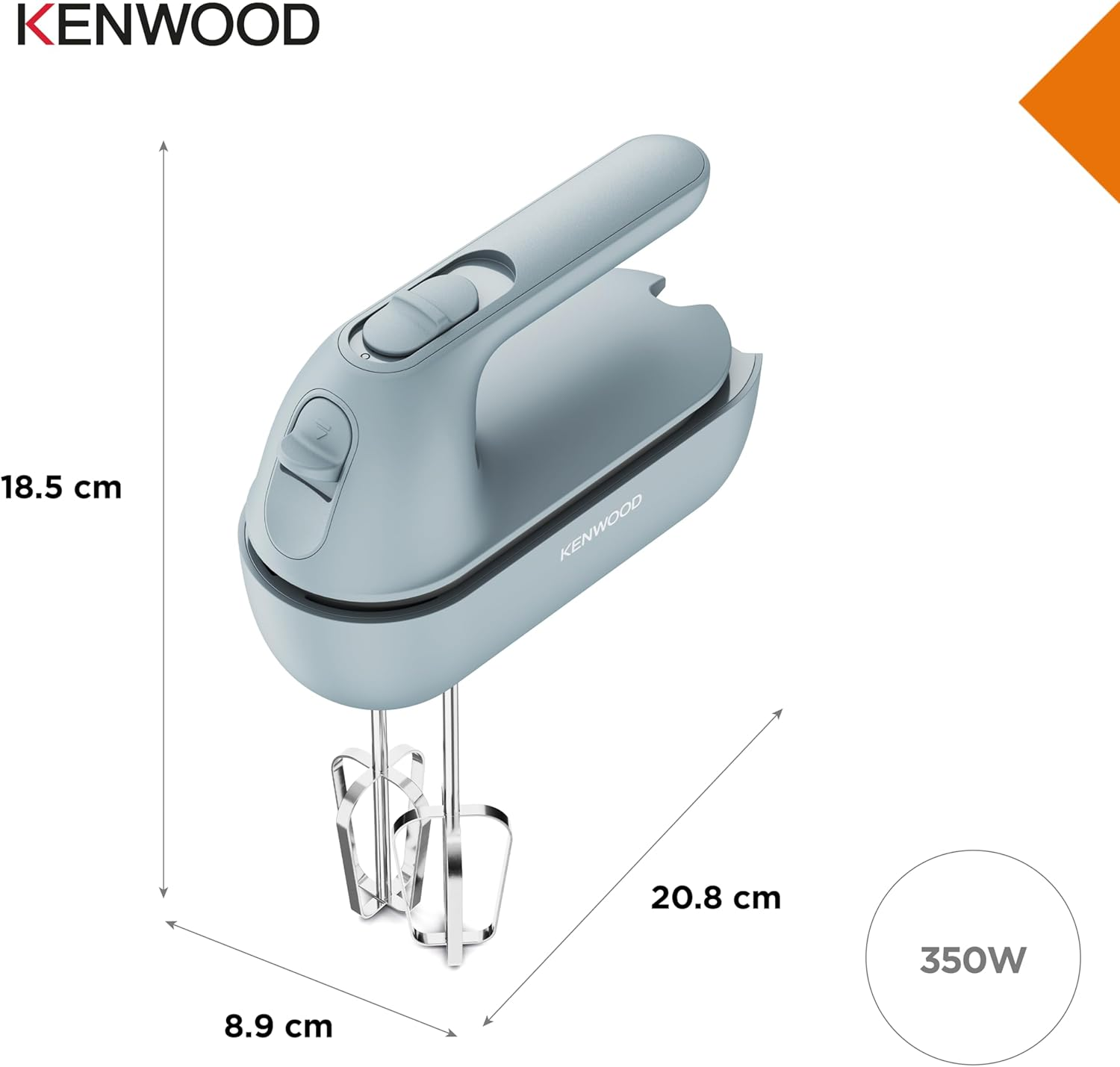 Ein hellblauer Kenwood Handmixer mit Schneebesen und Maßangaben.