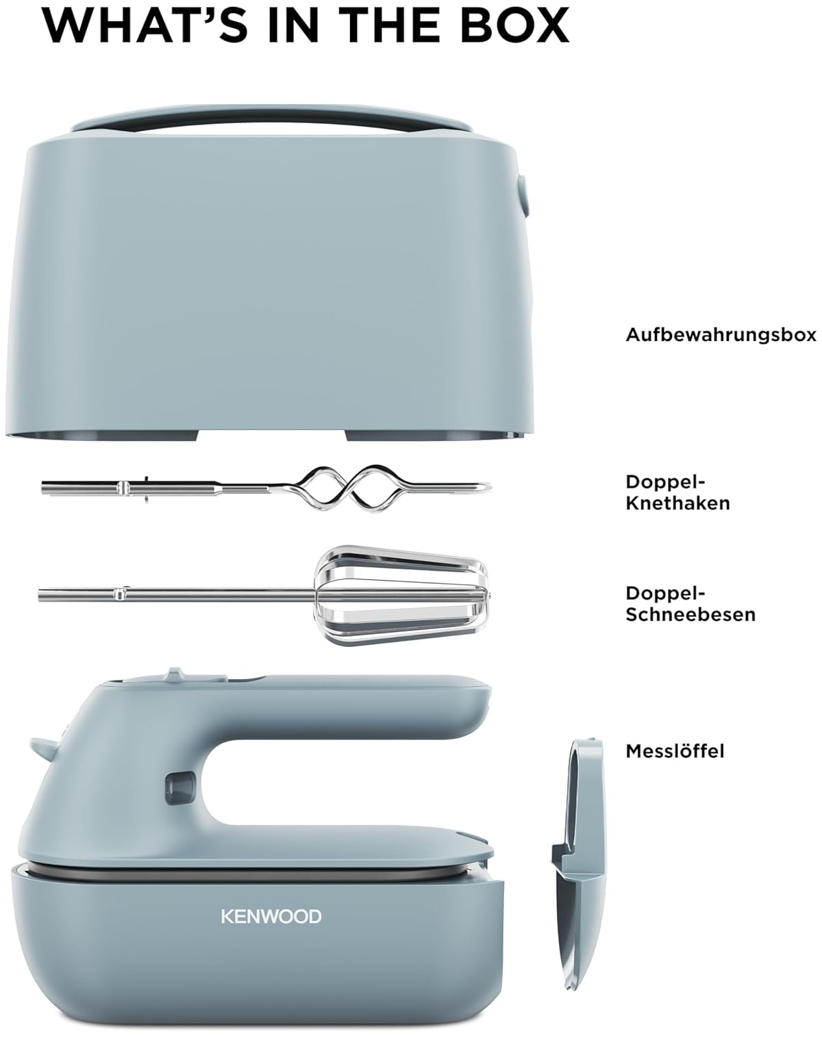 Hellblauer Kenwood Handmixer mit Zubehör: Aufbewahrungsbox, Knethaken, Schneebesen und Messlöffel.