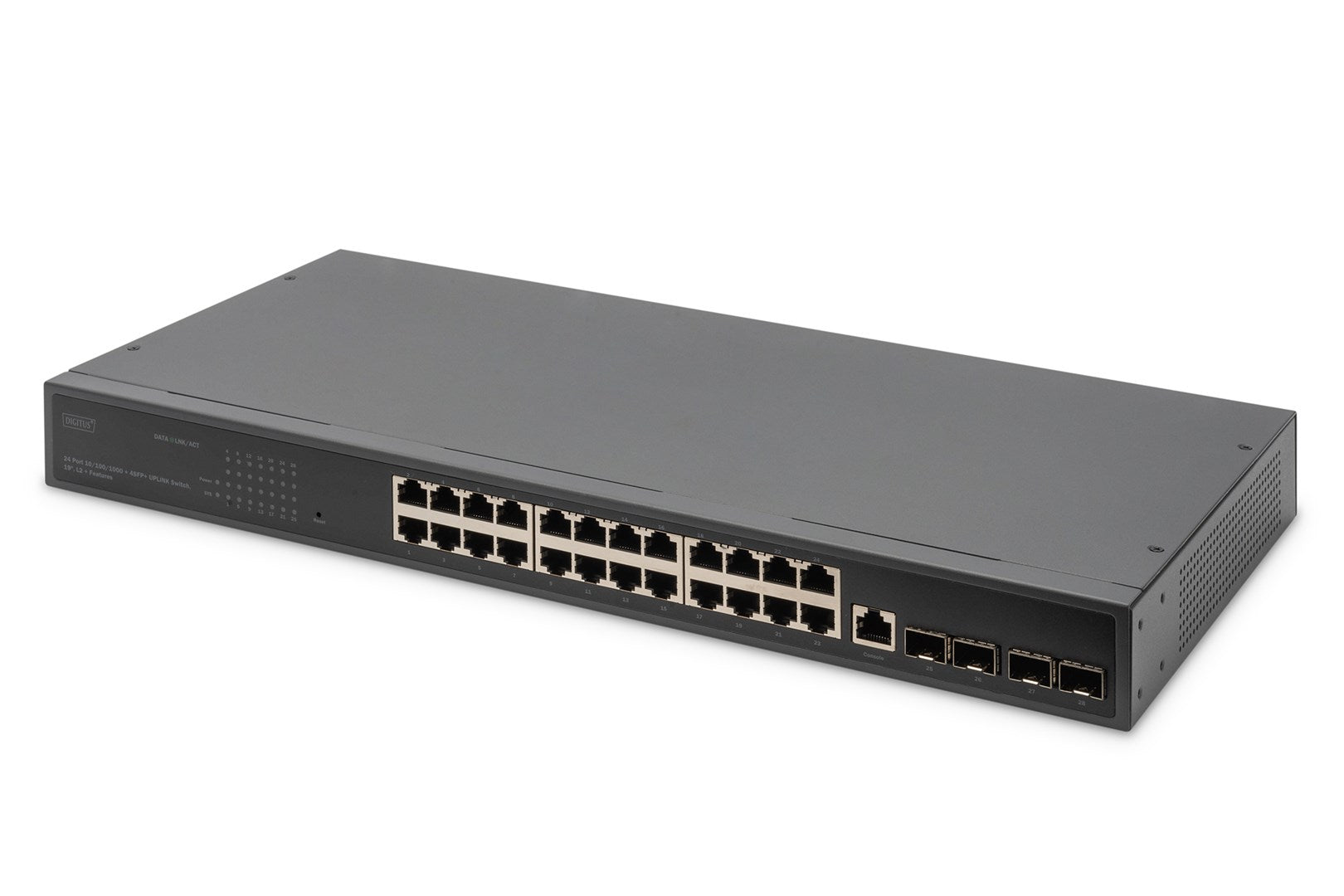Uno switch di rete nero con 24 porte e 4 porte uplink SFP+.