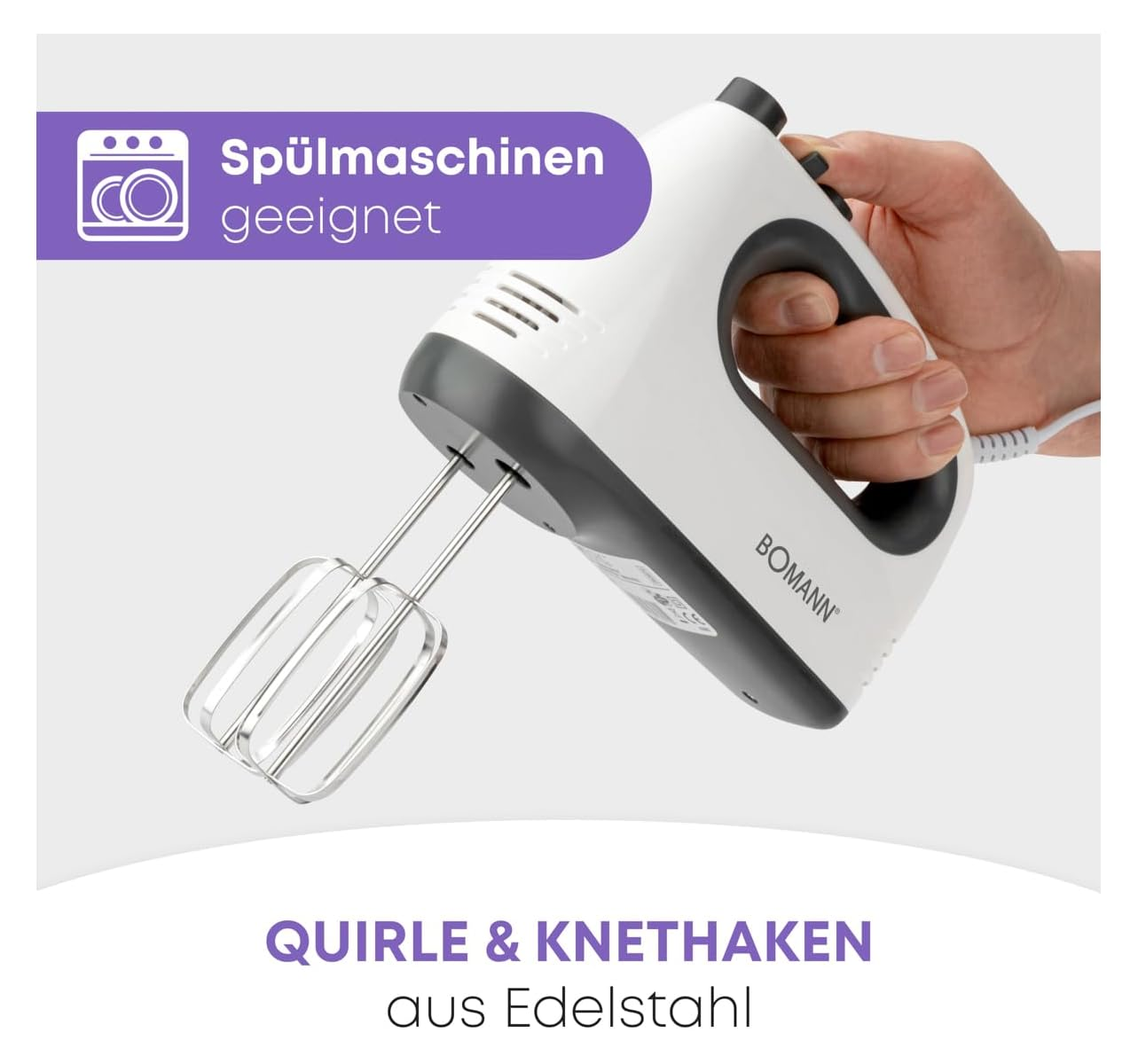 Handrührgerät mit Edelstahlquirle und Knetenhaken, spülmaschinengeeignet.