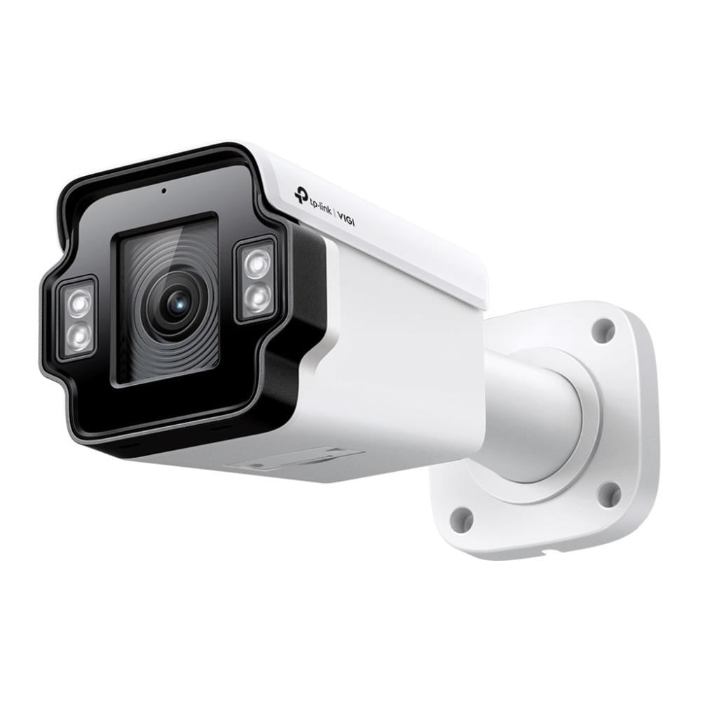 Witte beveiligingscamera voor buiten met zwarte rand en lens, gemonteerd op een witte beugel.