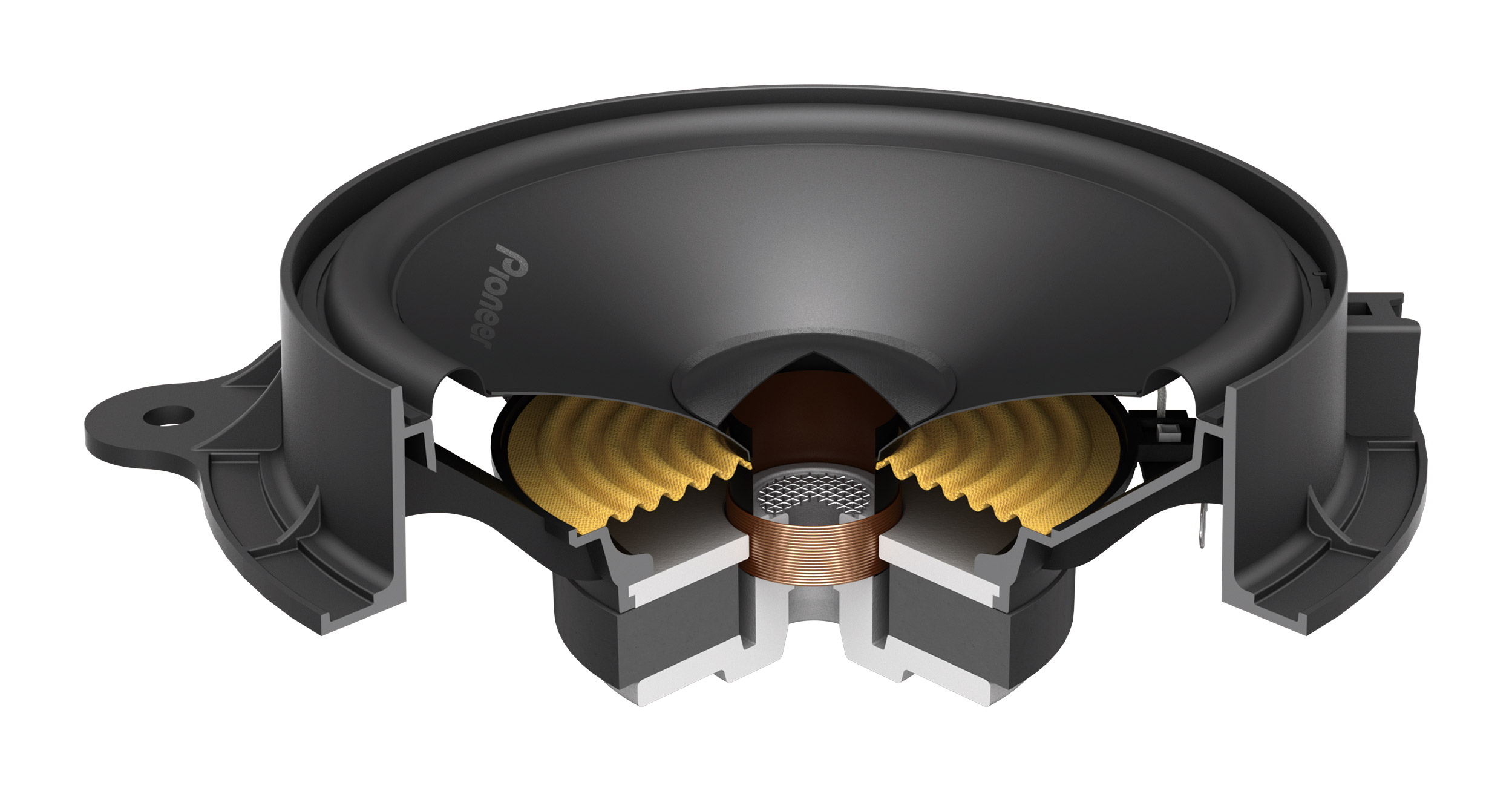 Schnittansicht eines schwarzen Pioneer-Lautsprechers mit gelbem Membranrand und Kupferspulen.