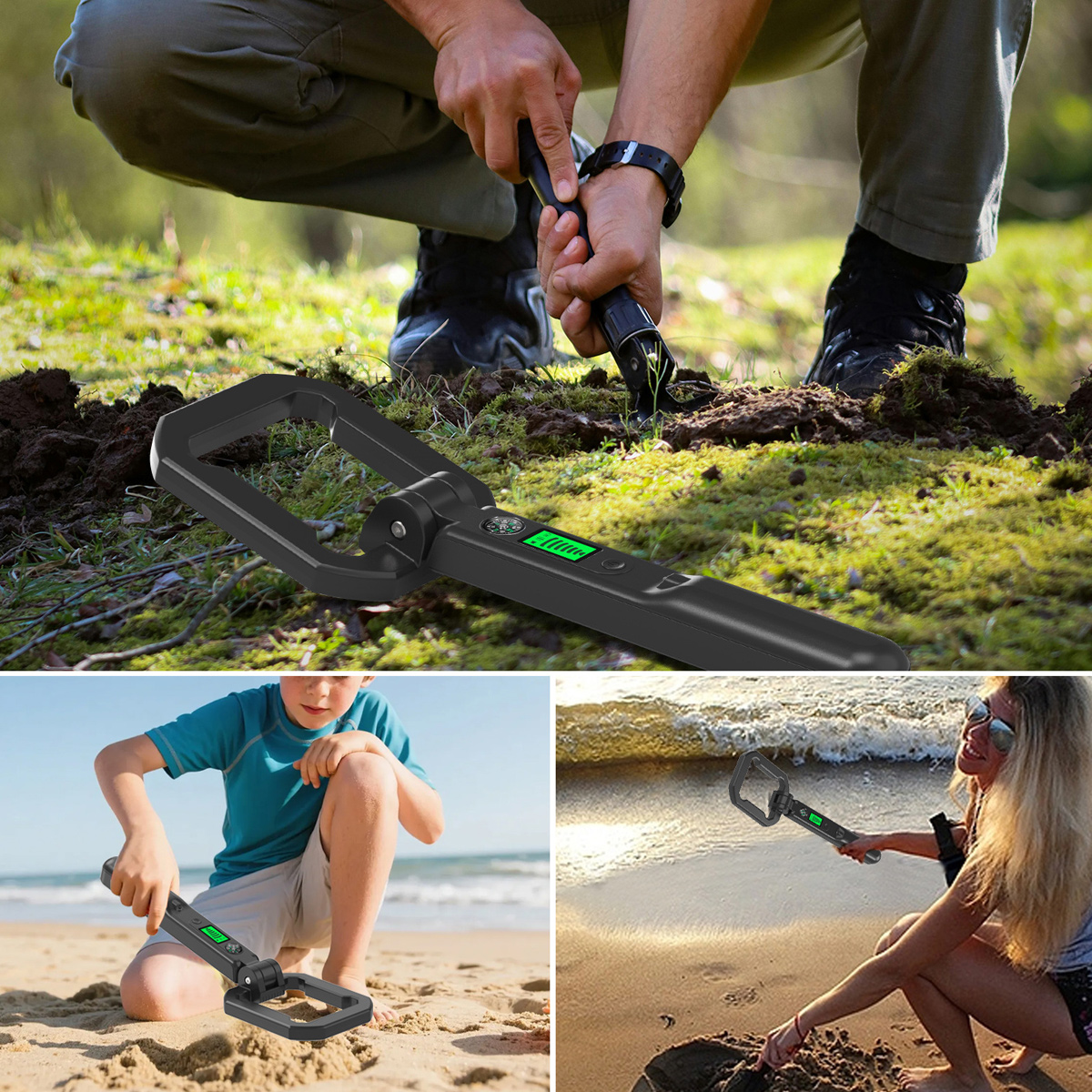 Personen nutzen einen Metalldetektor im Wald, am Strand und am Meer.