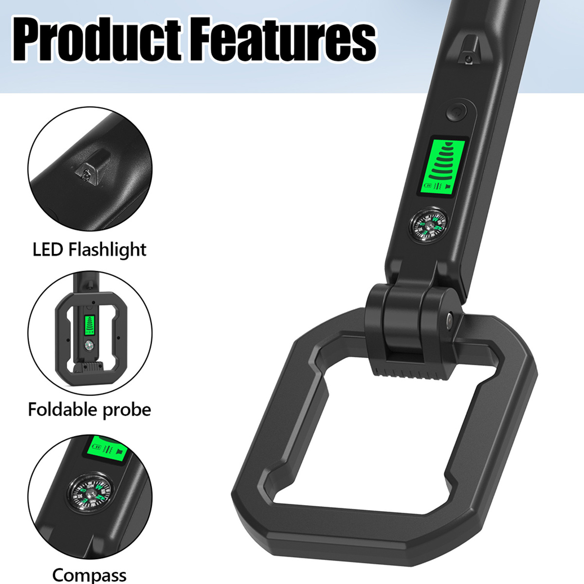 Ein schwarzes Metalldetektor-Gerät mit integrierter LED-Taschenlampe, faltbarer Sonde und Kompass.