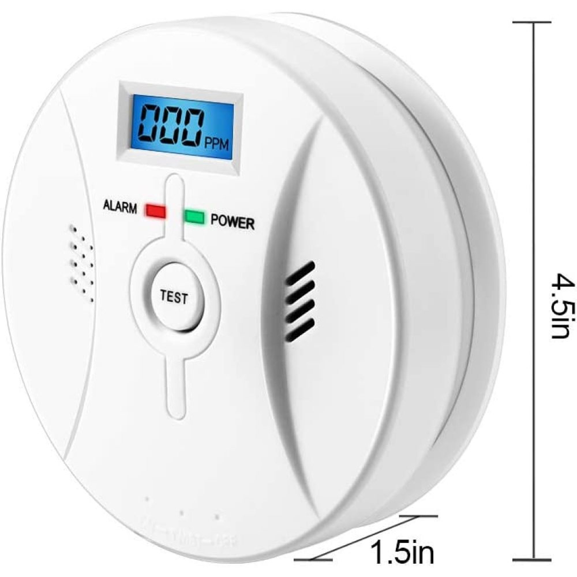 Ein weißer CO-Melder mit Digitalanzeige (000 ppm), Testknopf und Status-LEDs.