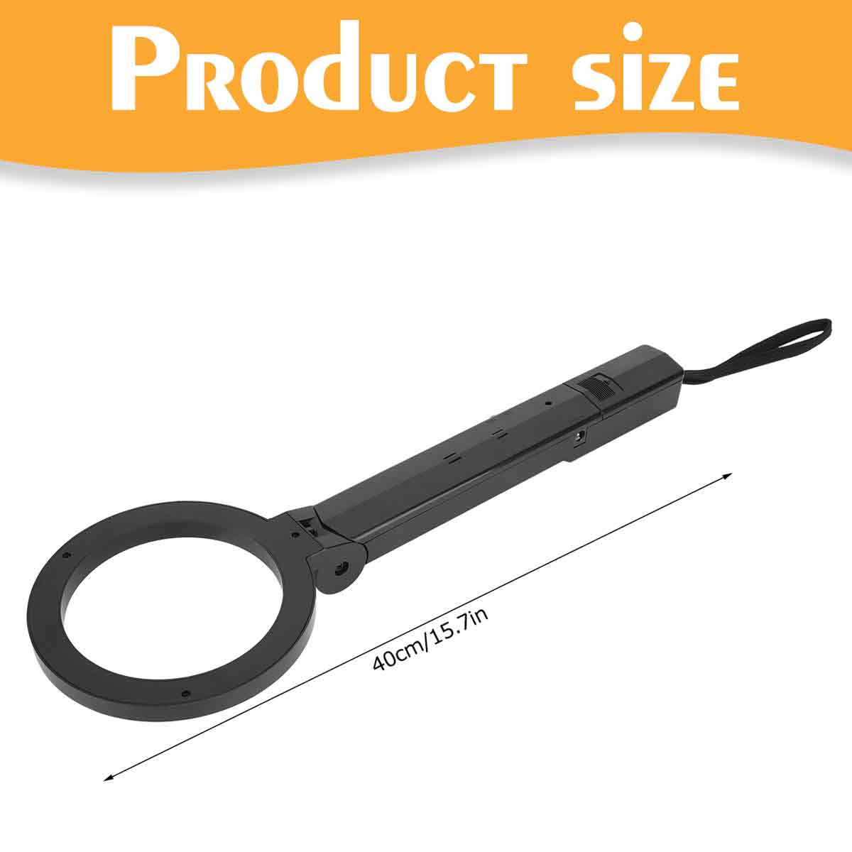 Schwarzer Metalldetektor mit rundem Suchkopf, 40 cm/15,7 Zoll lang.