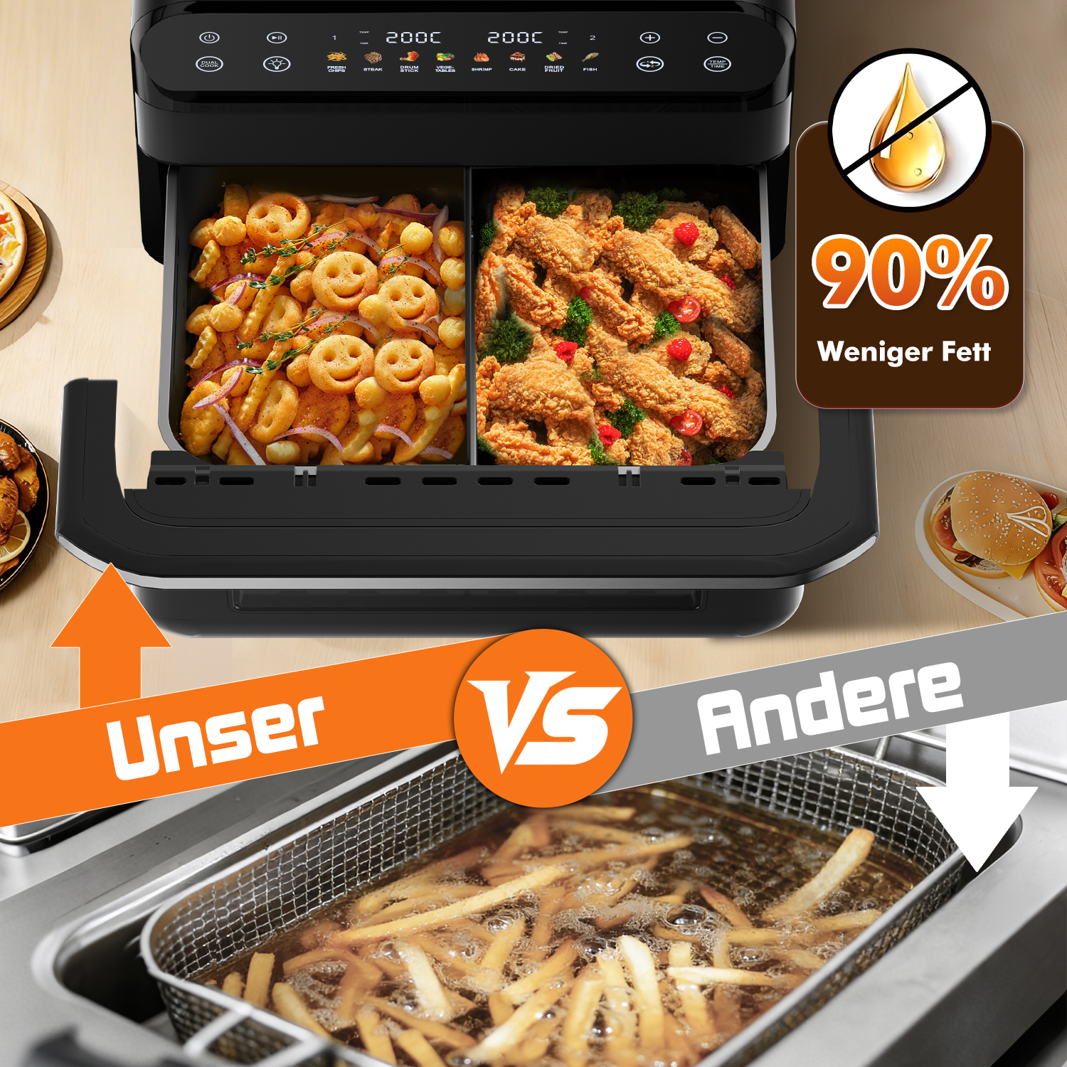 Heißluftfritteuse mit zwei Fächern: Pommes und Hähnchenflügel, 90% weniger Fett.