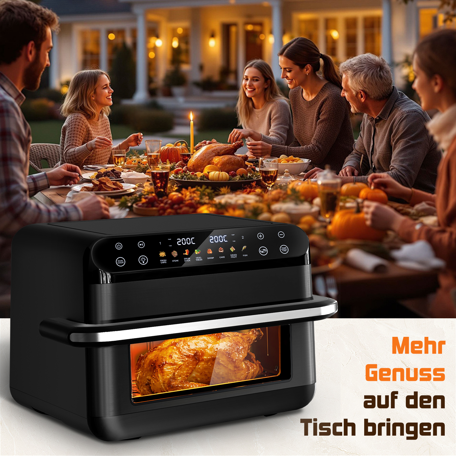 Familie feiert Thanksgiving im Freien bei einem Festessen, ein Toaster ist im Vordergrund.