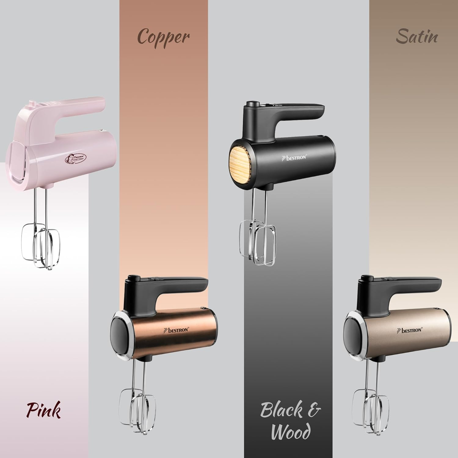 Vier Handmixer in verschiedenen Farben: Pink, Kupfer, Schwarz & Holz, Satin.