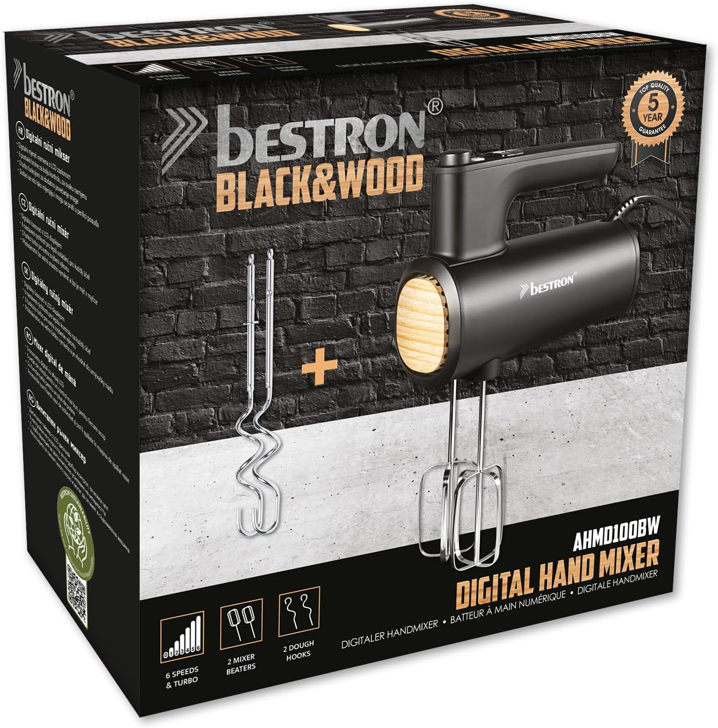 Verpackung eines schwarzen Bestron Handmixers mit Holzdetails und Zubehörteilen.