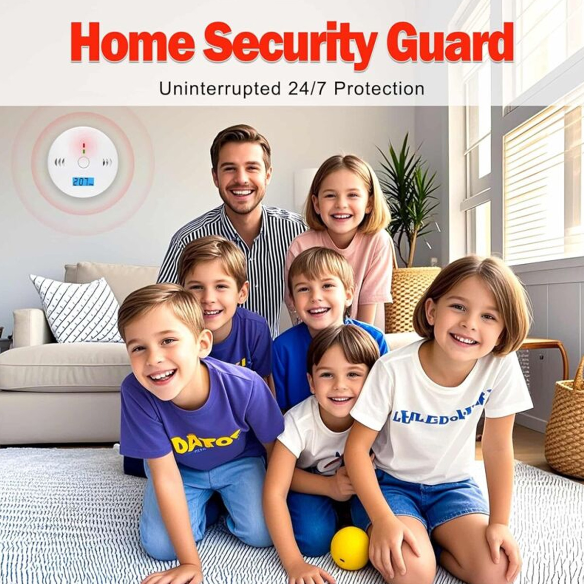 Familie lacht vor einem Rauchmelder mit "Home Security Guard" Aufschrift.