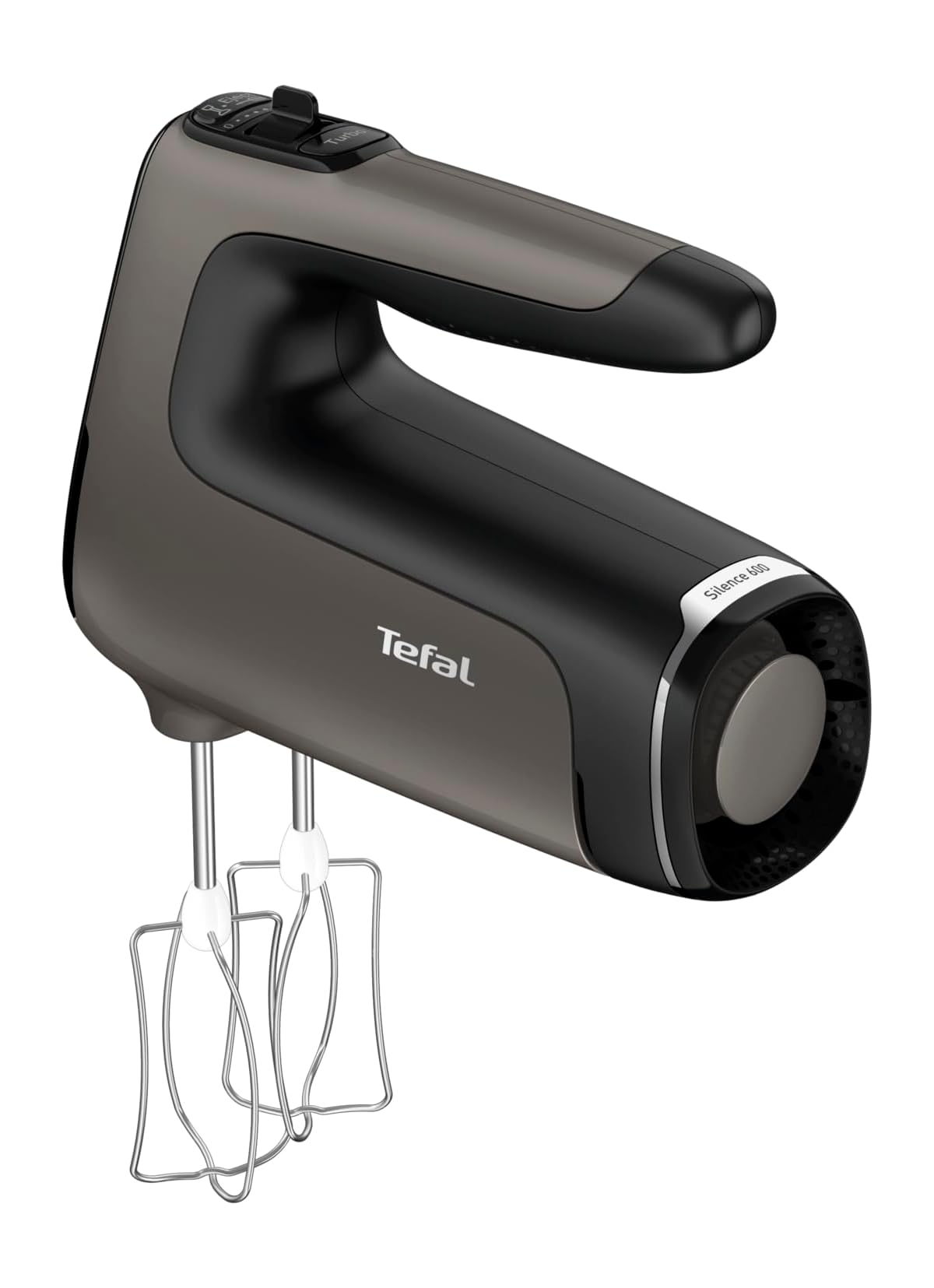 Ein grauer Tefal Handmixer mit zwei Edelstahl-Schneebesen auf weißem Hintergrund.