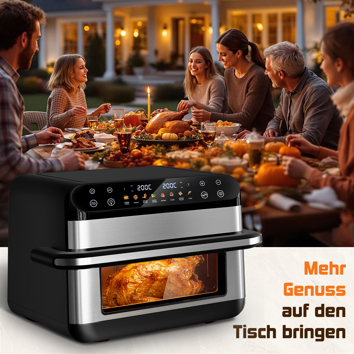 Eine Familie genießt ein Abendessen im Freien, während ein Hähnchen in einem Airfryer brät.