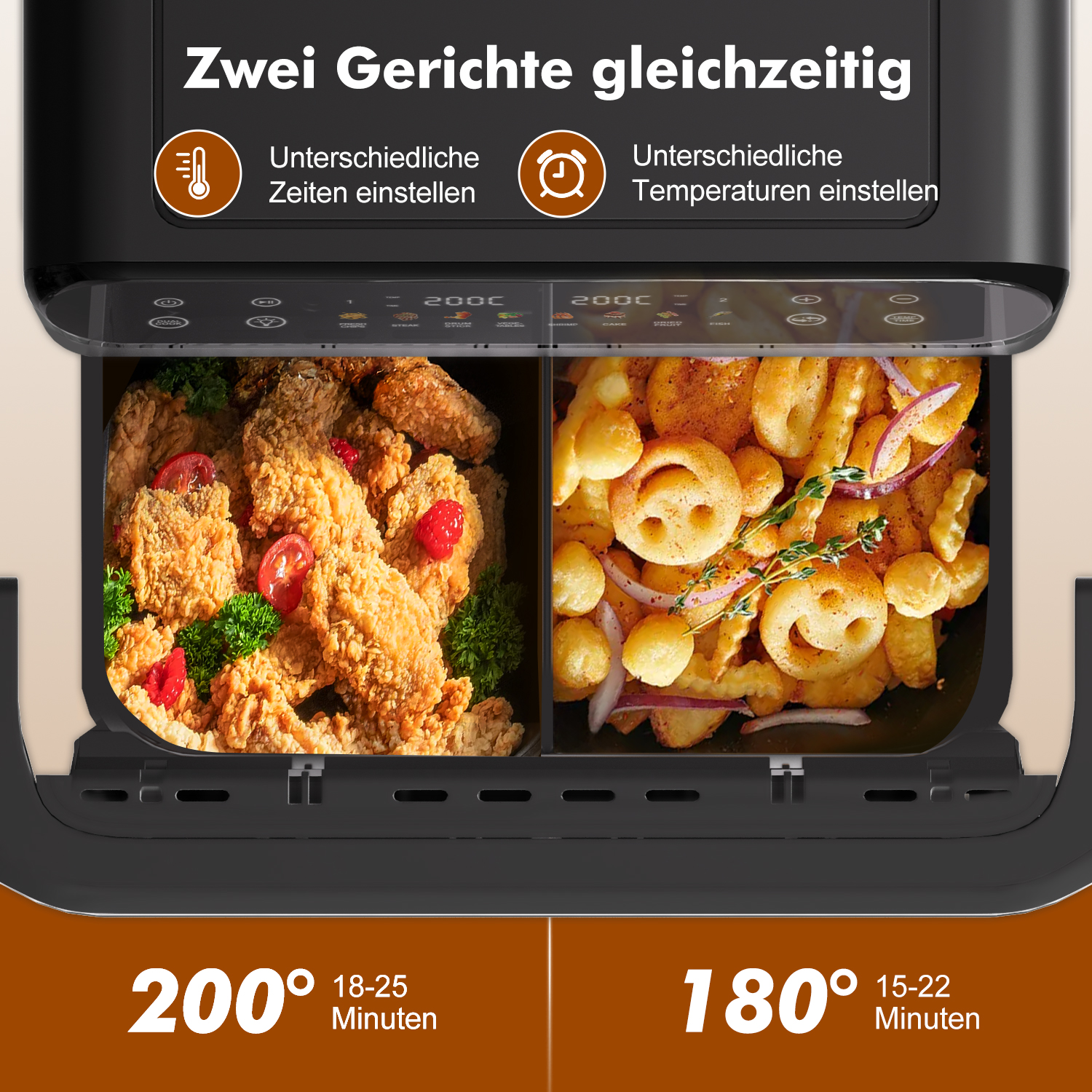 Doppel-Heißluftfritteuse mit Hähnchen und Pommes. Kocht zwei Gerichte gleichzeitig.