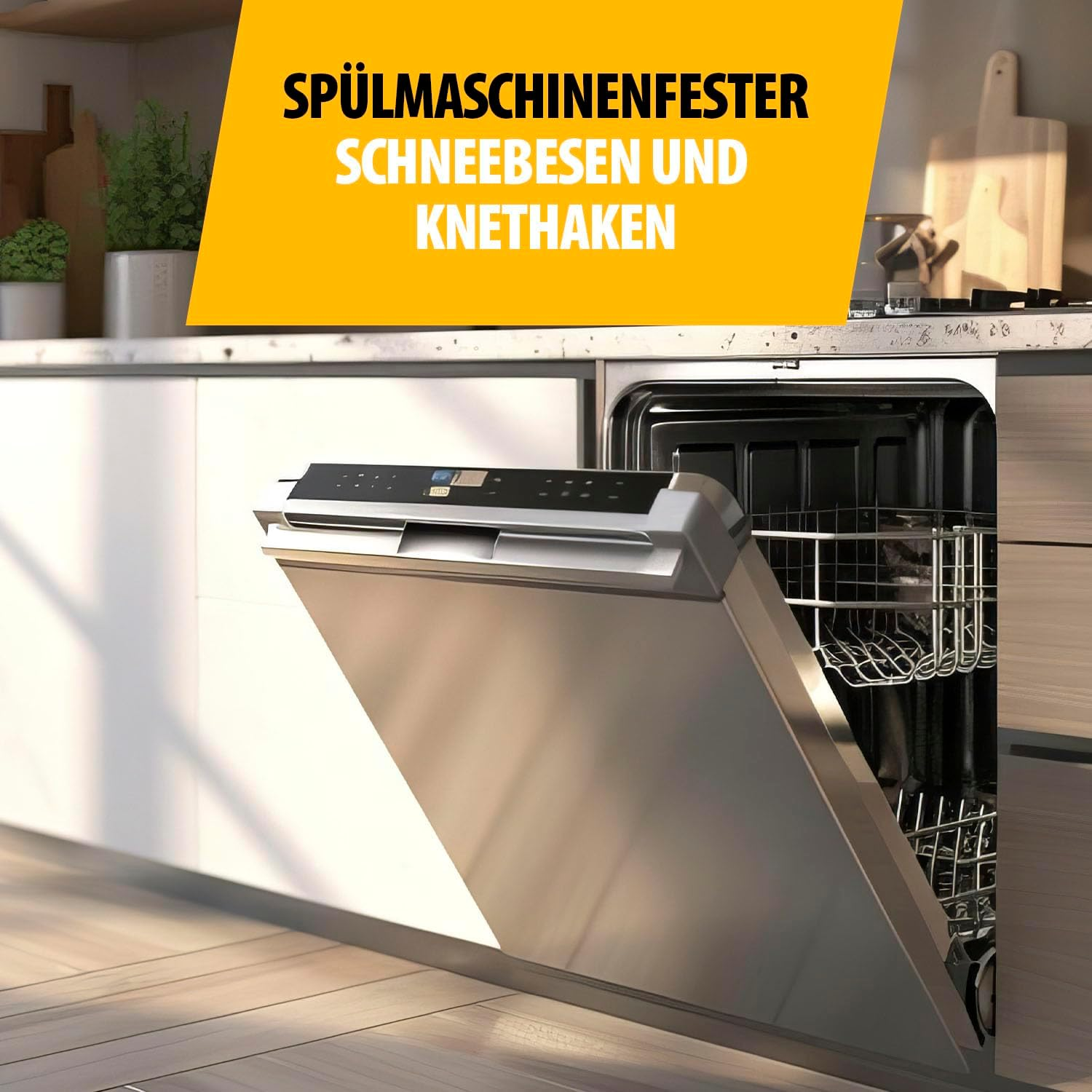 Offene Spülmaschine mit leerem Innenraum in einer modernen Küche.