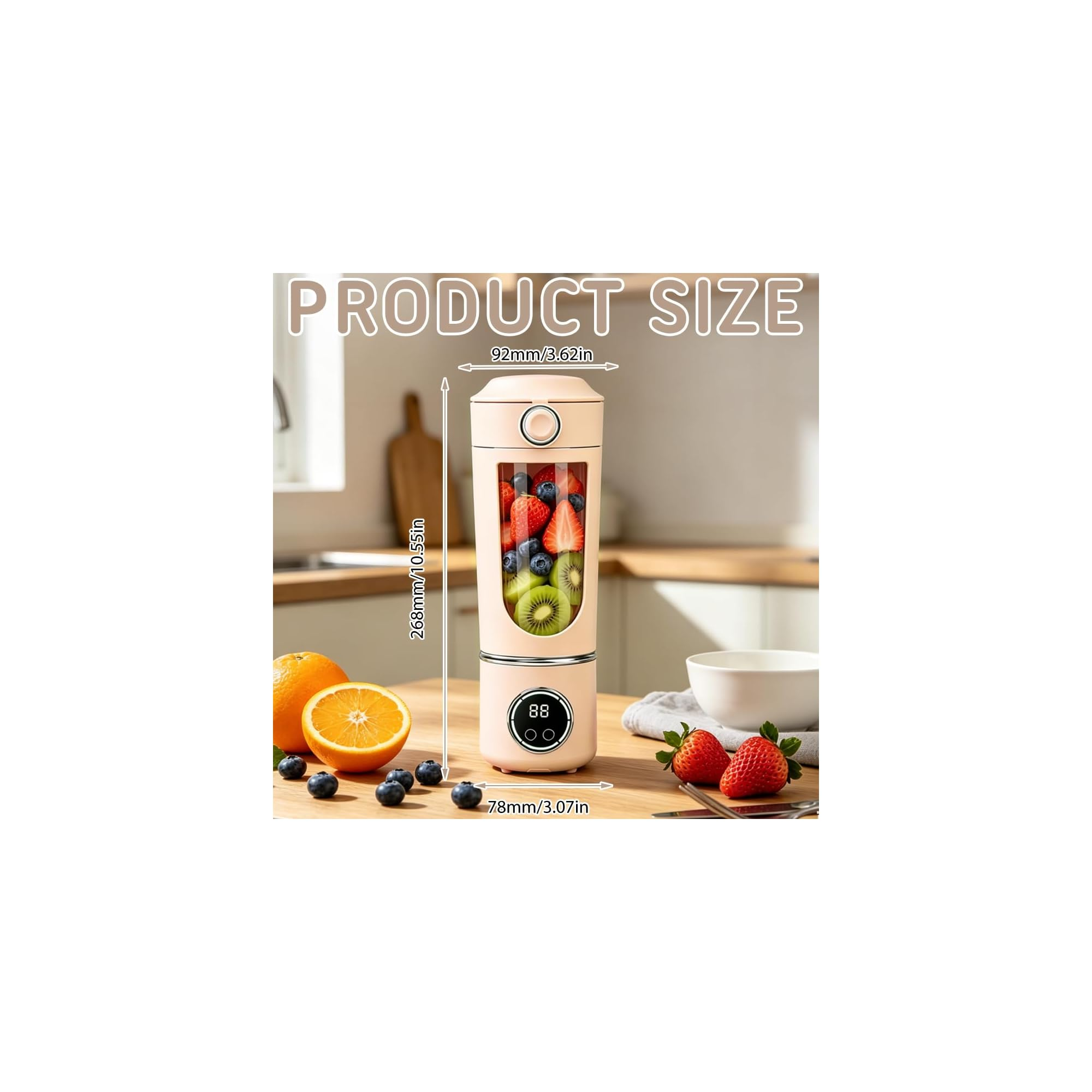 Ein pinker Mixer mit Früchten, daneben Orangen, Beeren und Erdbeeren.