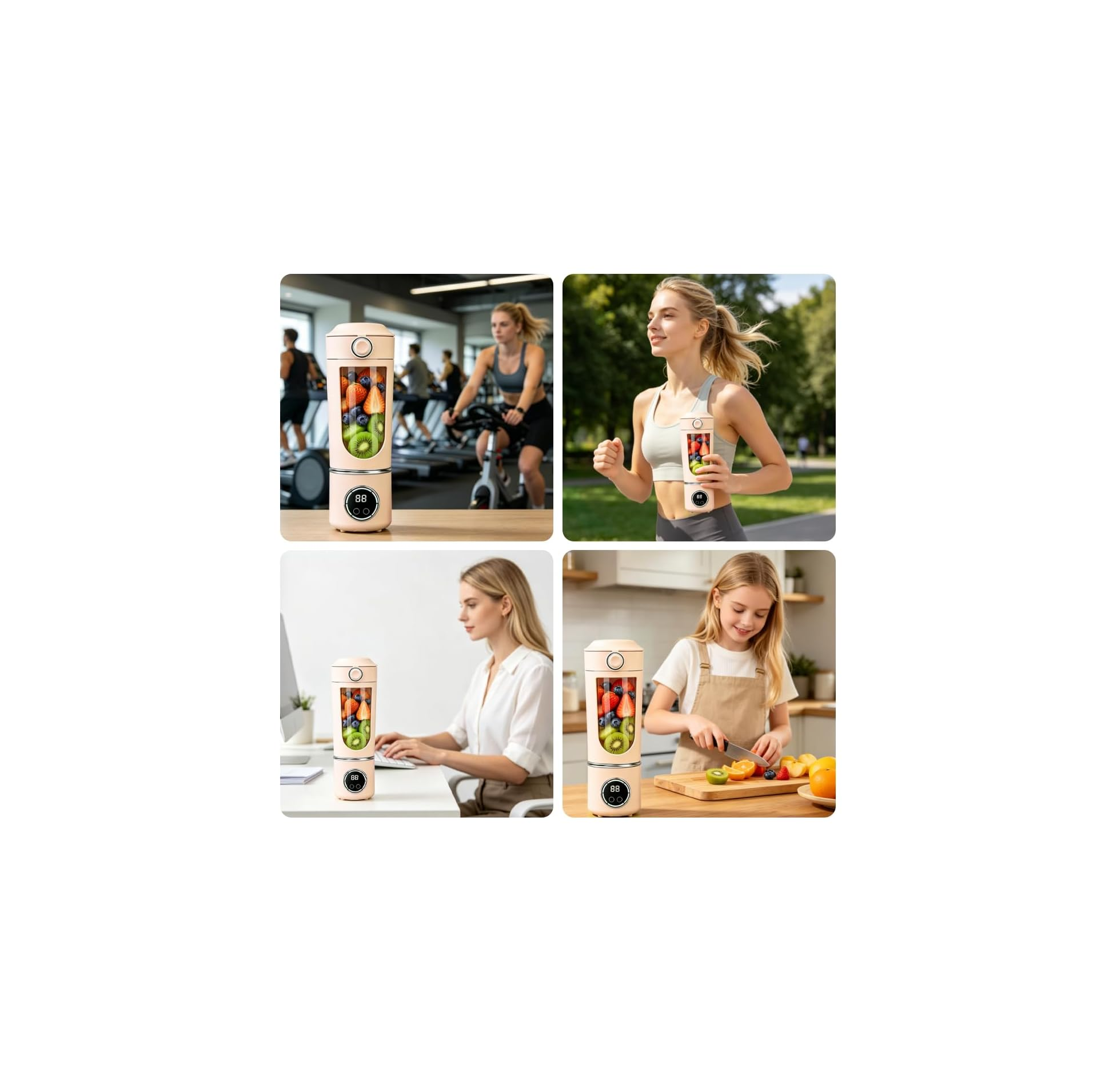 Vier Szenen zeigen einen Mixer mit Früchten, beim Sport, am Schreibtisch und beim Kochen.