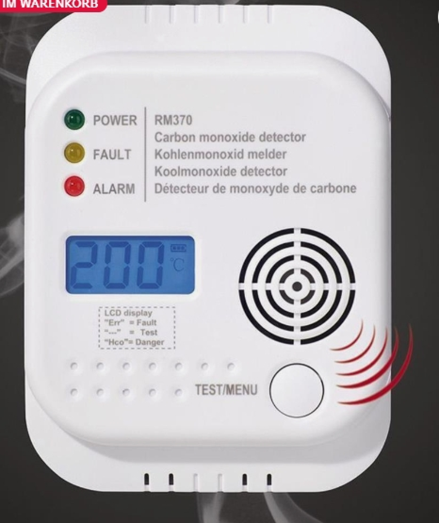Ein weißer Kohlenmonoxidmelder RM370 mit LCD-Anzeige von 200 und Warnleuchten.