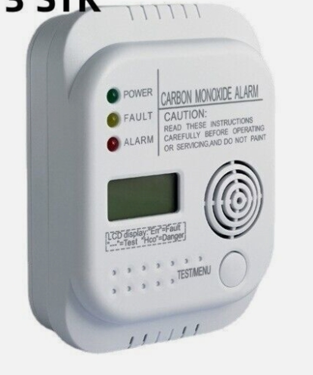 Weißer Kohlenmonoxidmelder mit LCD, drei Indikatorleuchten und Testknopf.