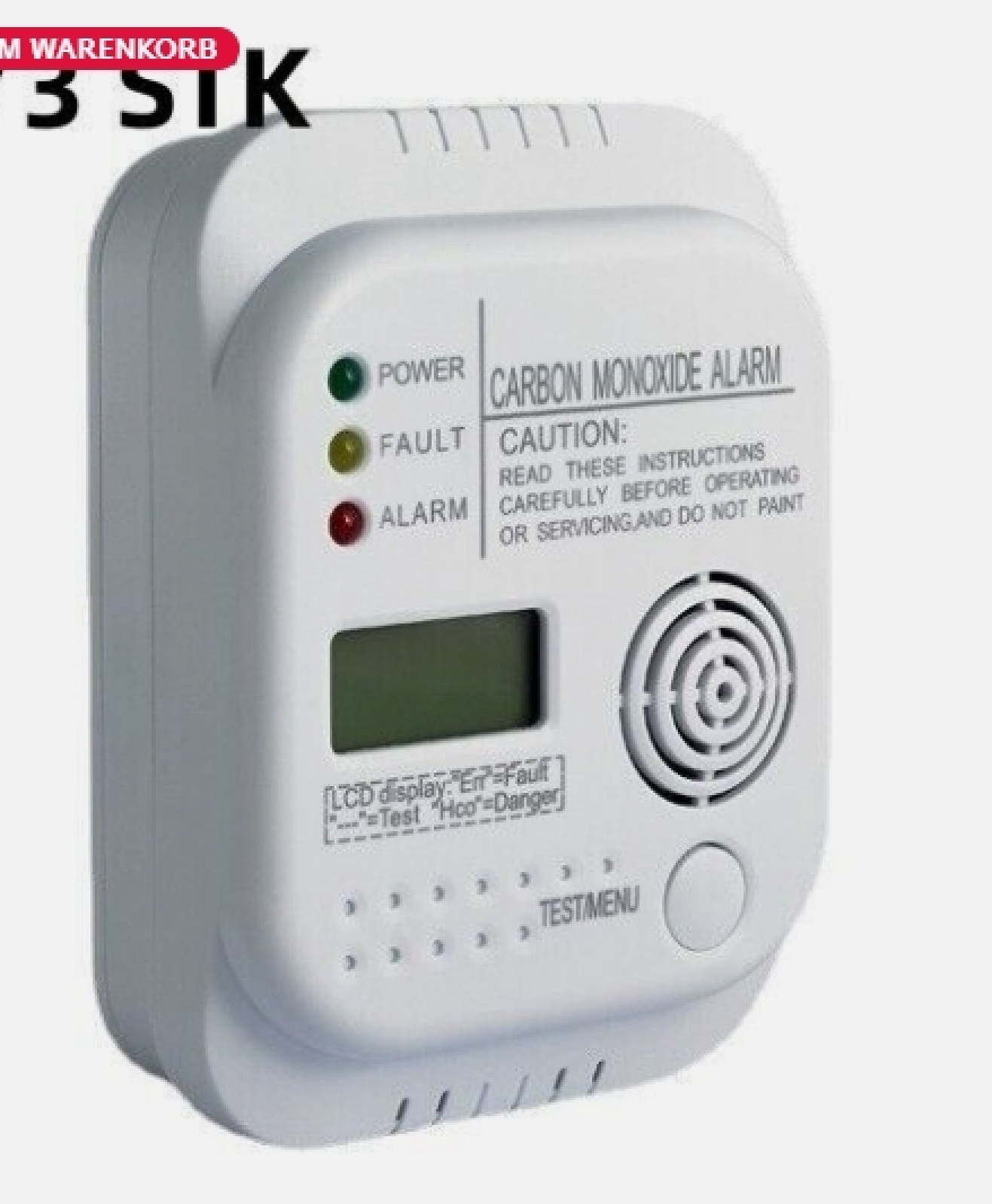 Ein weißer Kohlenmonoxid-Alarm mit Strom-, Fehler- und Alarmleuchten.