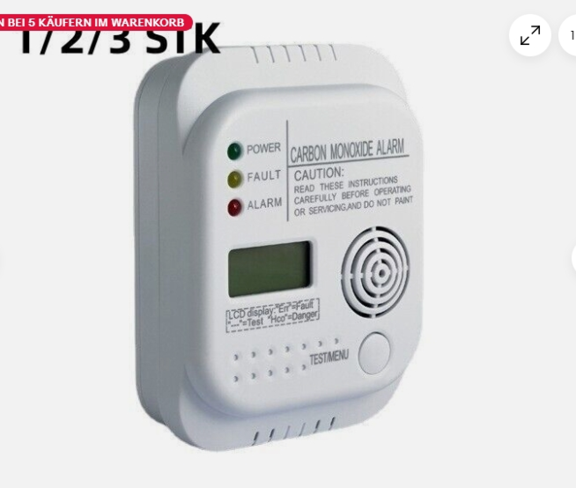 Ein weißer Kohlenmonoxid-Alarm mit LCD-Anzeige, LEDs und Lautsprecher.