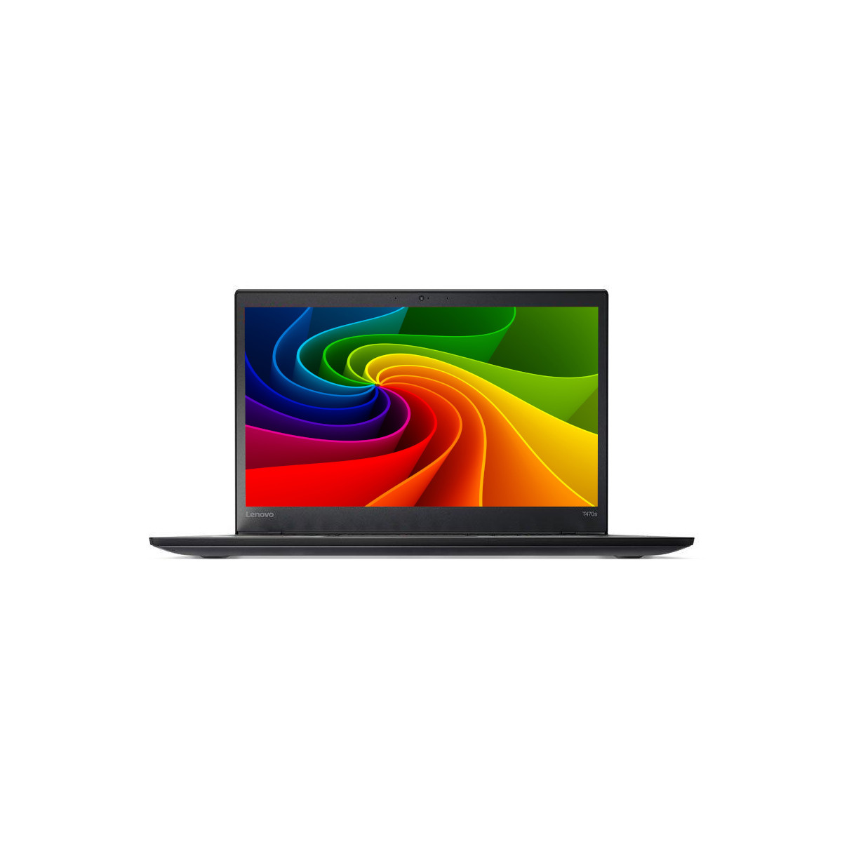 Ein geschlossener schwarzer Lenovo Laptop mit einem bunten, wirbelnden Hintergrundbild auf dem Bildschirm.