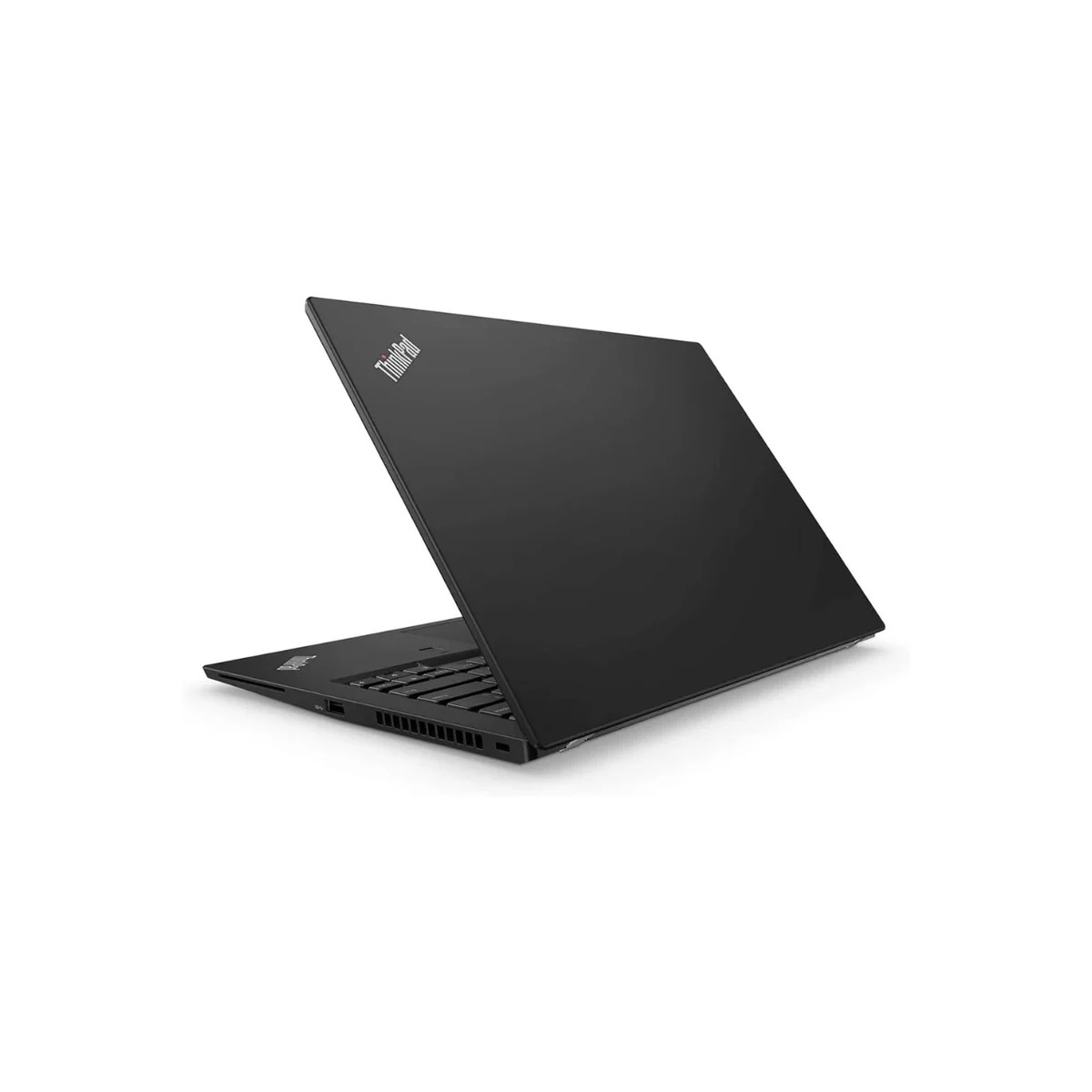 Schwarzer Laptop mit geöffnetem Bildschirm, auf weißem Hintergrund.