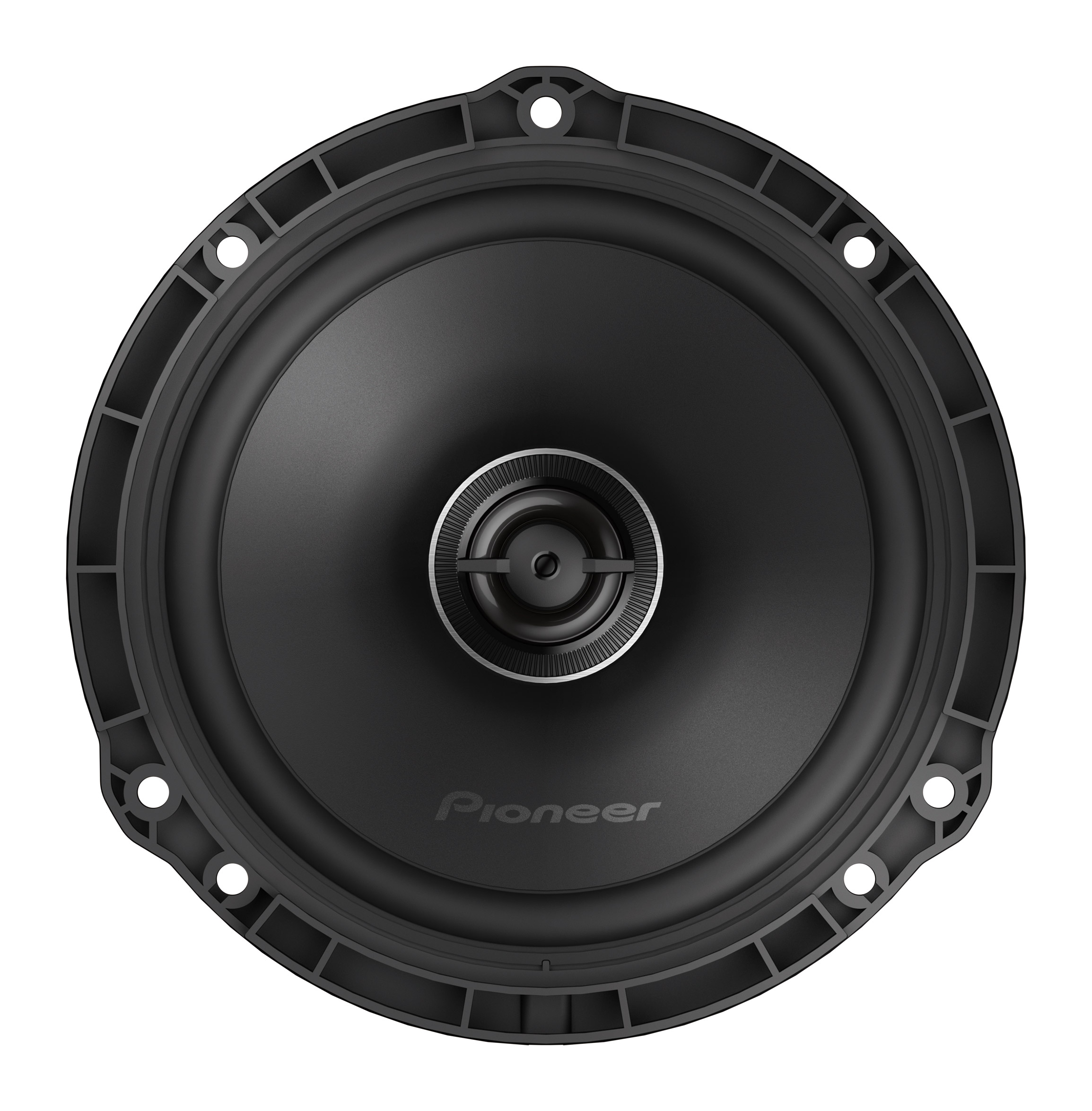 Schwarzer Pioneer-Lautsprecher mit silbernem Ring um die Mitte.