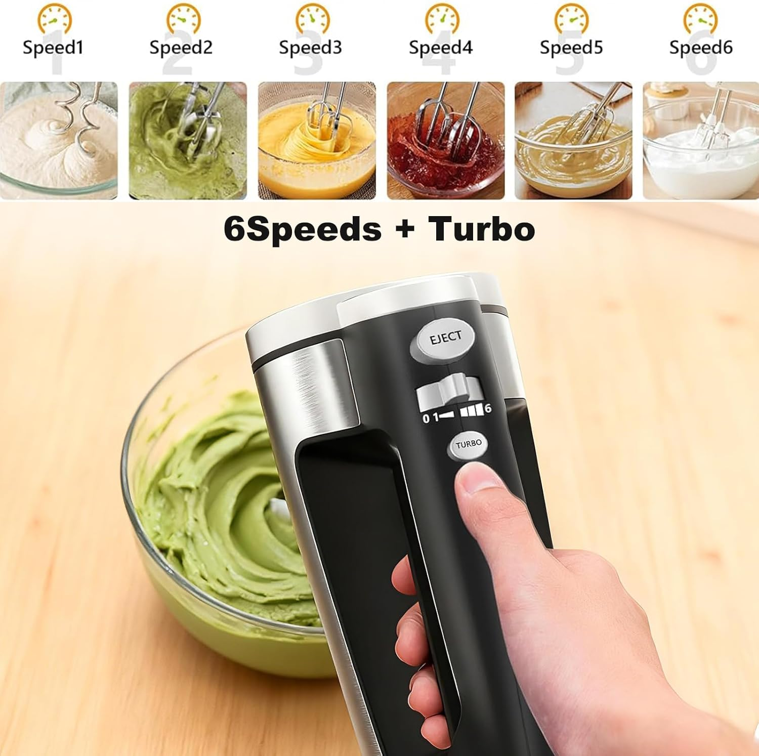 Handmixer mit 6 Geschwindigkeiten und Turbofunktion, zeigt grüne Creme in einer Schüssel.