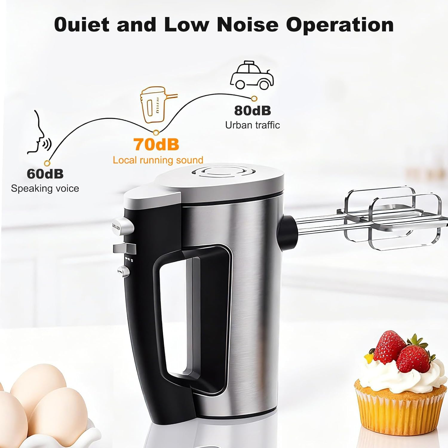 Ein Handmixer mit Kabeln, Eiern und einem Cupcake. Geräuschpegeldiagramm.