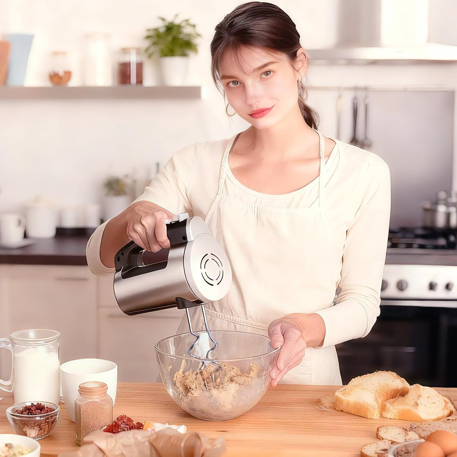 Eine Frau in einer Küche mischt Teig mit einem Handmixer. Zutaten sind auf dem Tisch.