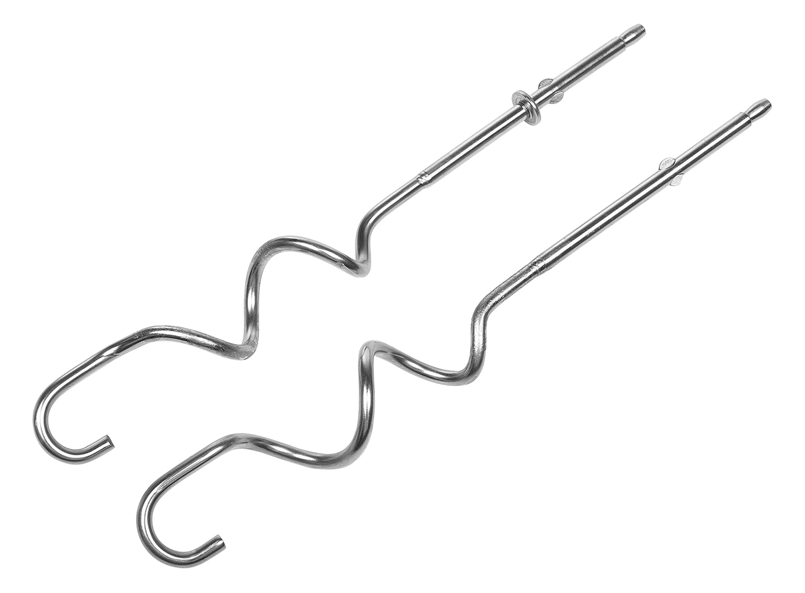 Zwei Chrom-Schneebesen mit gebogenen Haken auf weißem Hintergrund.