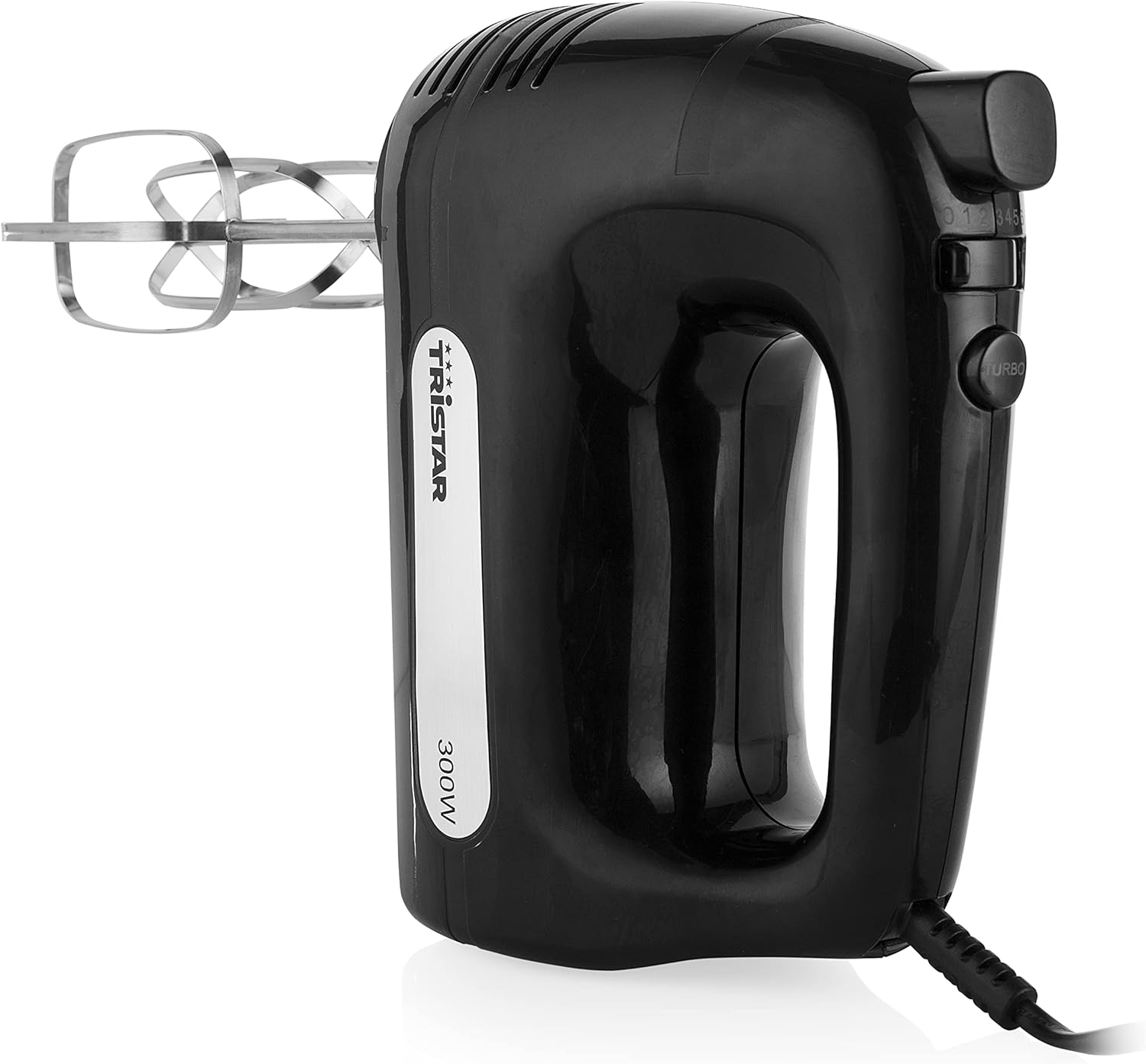 Schwarzer Handmixer mit Quirlen und Geschwindigkeitsregler auf weißem Hintergrund.