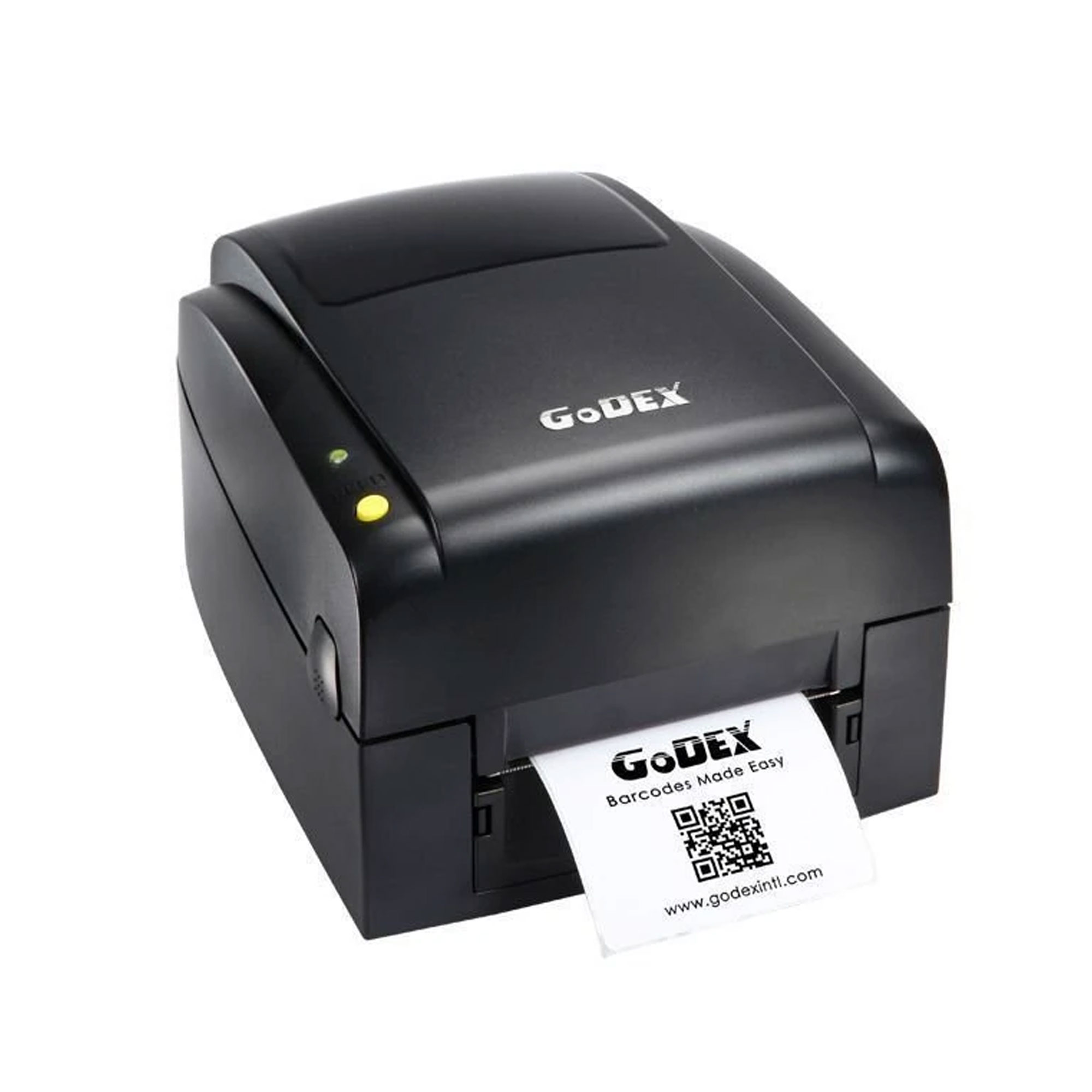QR kodlu etikete sahip siyah GoDEX yazıcı.