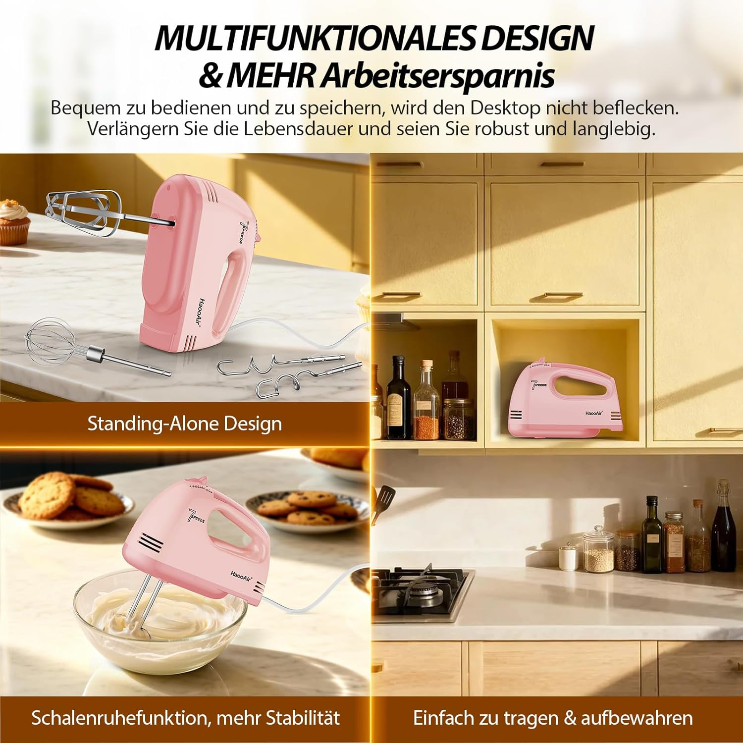 Ein rosa Handmixer mit Zubehör auf einer Küchenarbeitsplatte.